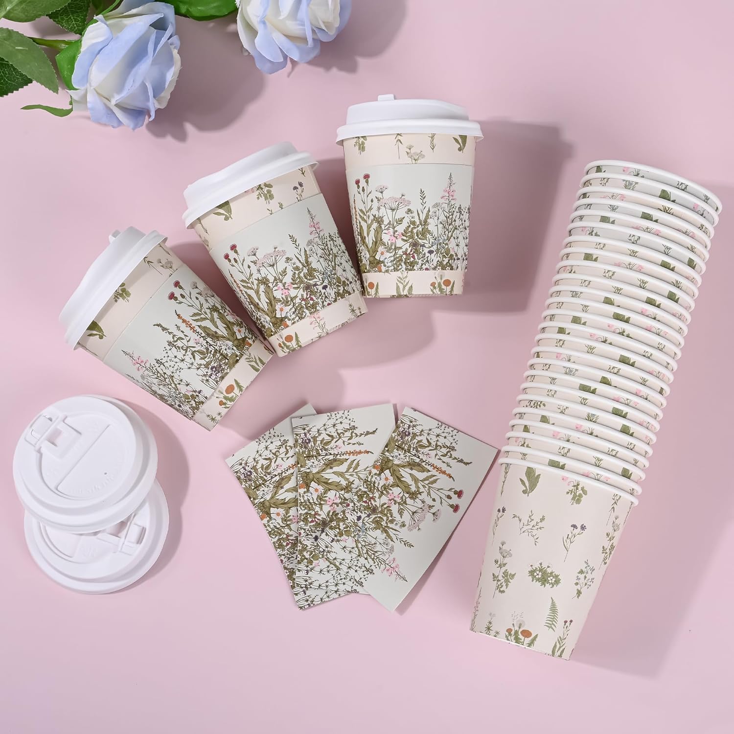 AimFun 50Pcs Floral Disposable Coffee Cups with Lids and Sleeves Vintage Botanical Herb 8oz To Go Party Paper Drinking Cup for Birthday Weddings Bridal Shower Tea Party Supplies