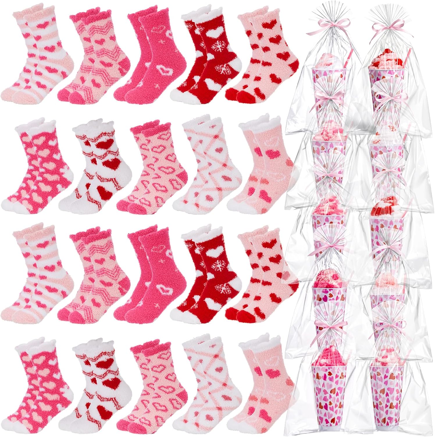 Funtery Galentine's Day Fuzzy Socks Gifts for Women Bulk Valentine Party Stuffers Pink Heart Cup Sock Gift