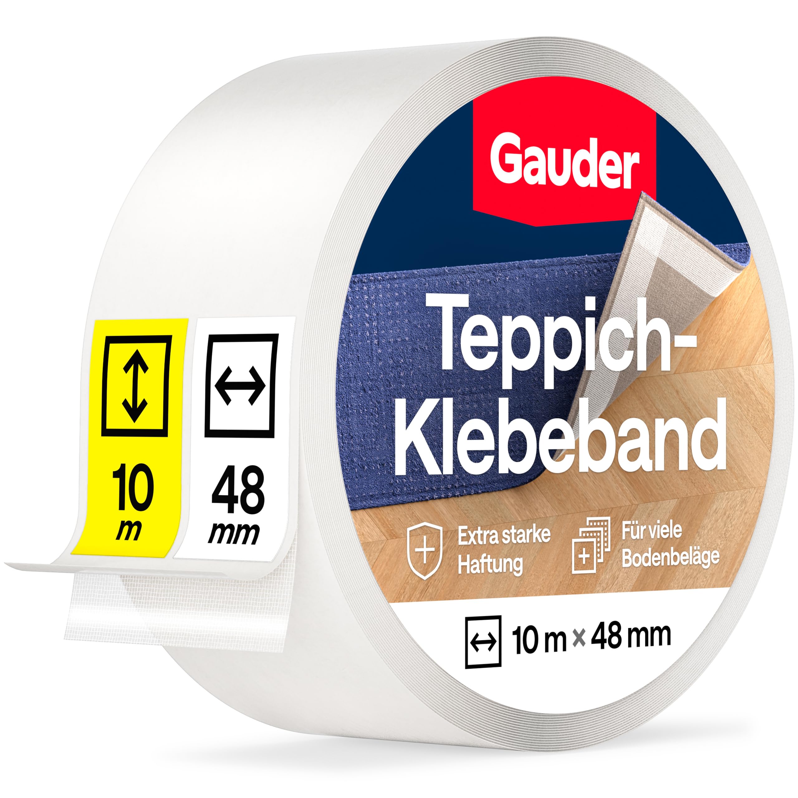 GAUDER Teppichklebeband doppelseitig extra stark - Teppichkleber für Bodenbeläge, Teppiche & Treppen - Klebepads, Fixierung & Verlegeband (10 m x 48 mm)