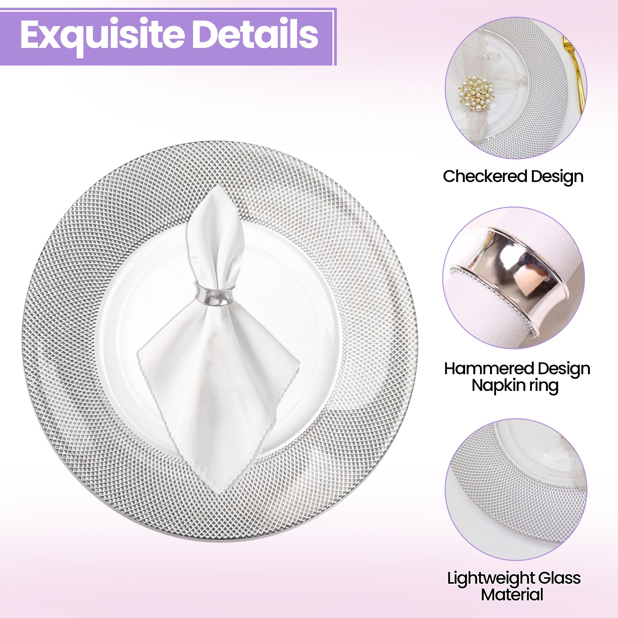 Elegantes platos de cristal plateado con 12 servilleteros martillados – 33 cm diseño a cuadros para servir bodas, fiestas, cumpleaños, eventos y decoración de mesa, juego de 6