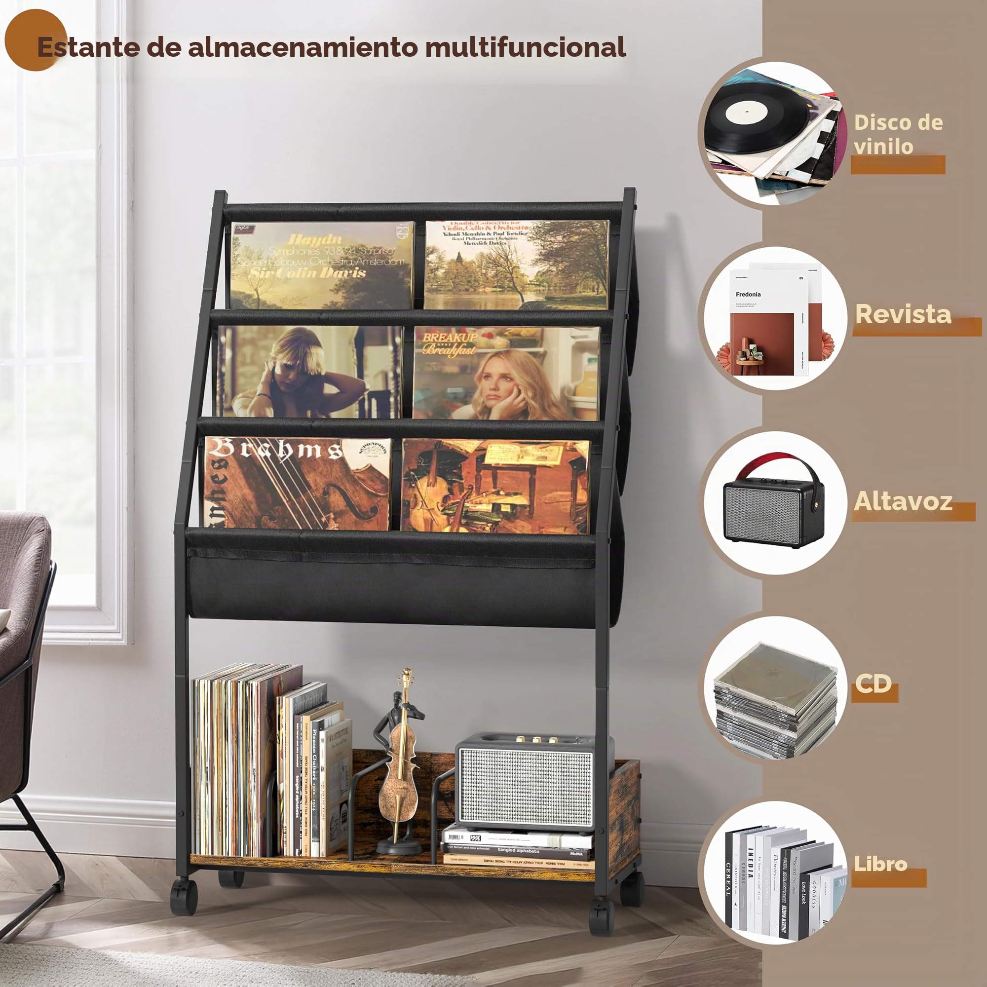 Bikoney Soporte para Discos de Vinilo hasta 200 Álbumes – Soporte de 3 Niveles con Estantes Expositores, Mueble Organizador para LPs, Libros, Revistas, Almacenaje para Colección de Vinilos Más Grande