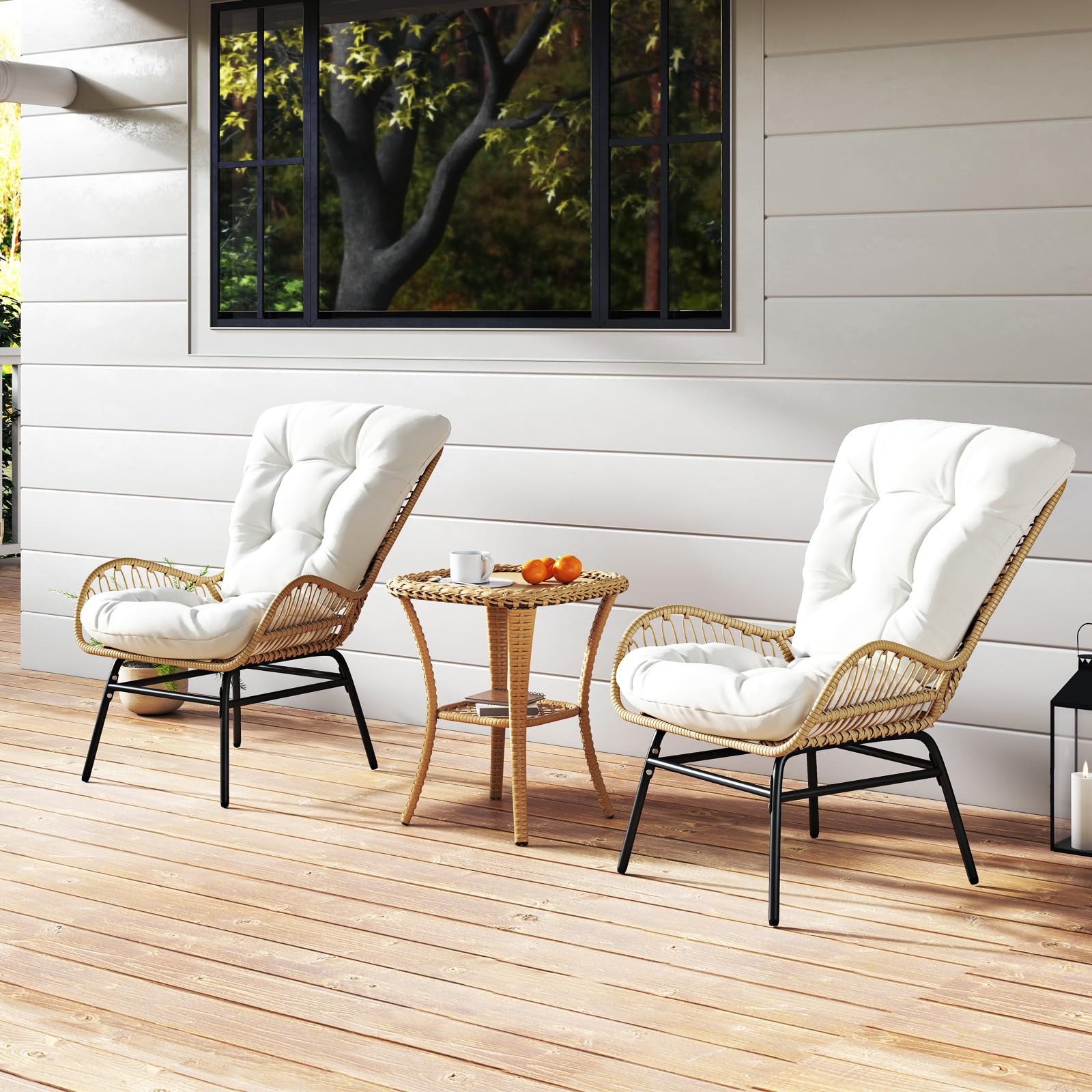 COSTWAY Sillon de Ratan con Cojin, Marco Metálico, Sillones para el Salón, Butaca Dormitorio Jardin Terraza Interior Exterior, 84 x 68 x 87 cm, Carga 180kg, Natural (1)