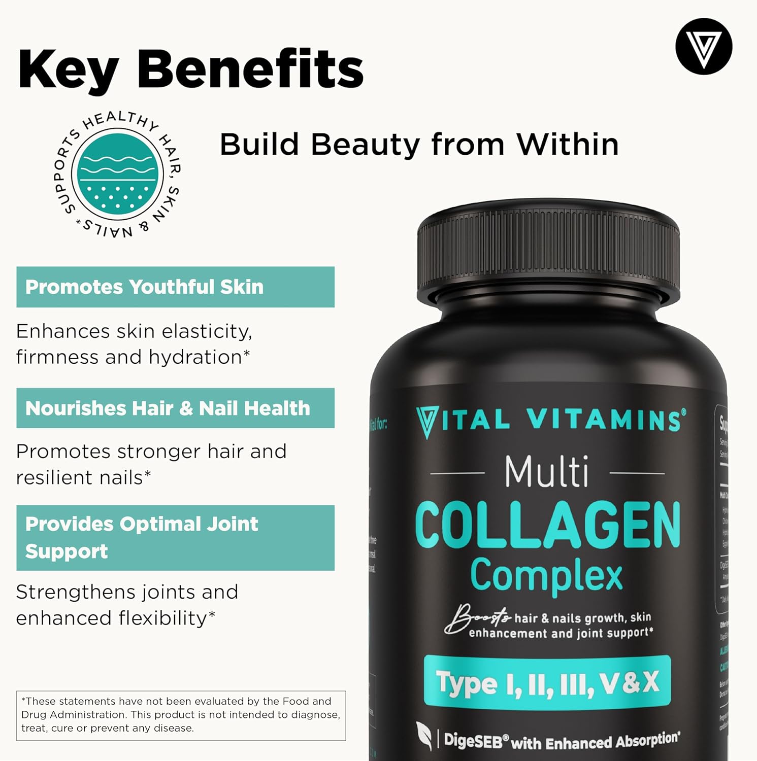 Vital Vitamins Multi Collagen Capsules - Type I, II, III, V, X - Grass-Fed, Collagen Peptides Supplements, Non-GMO - for Men & Women - 150 Count - Image 3