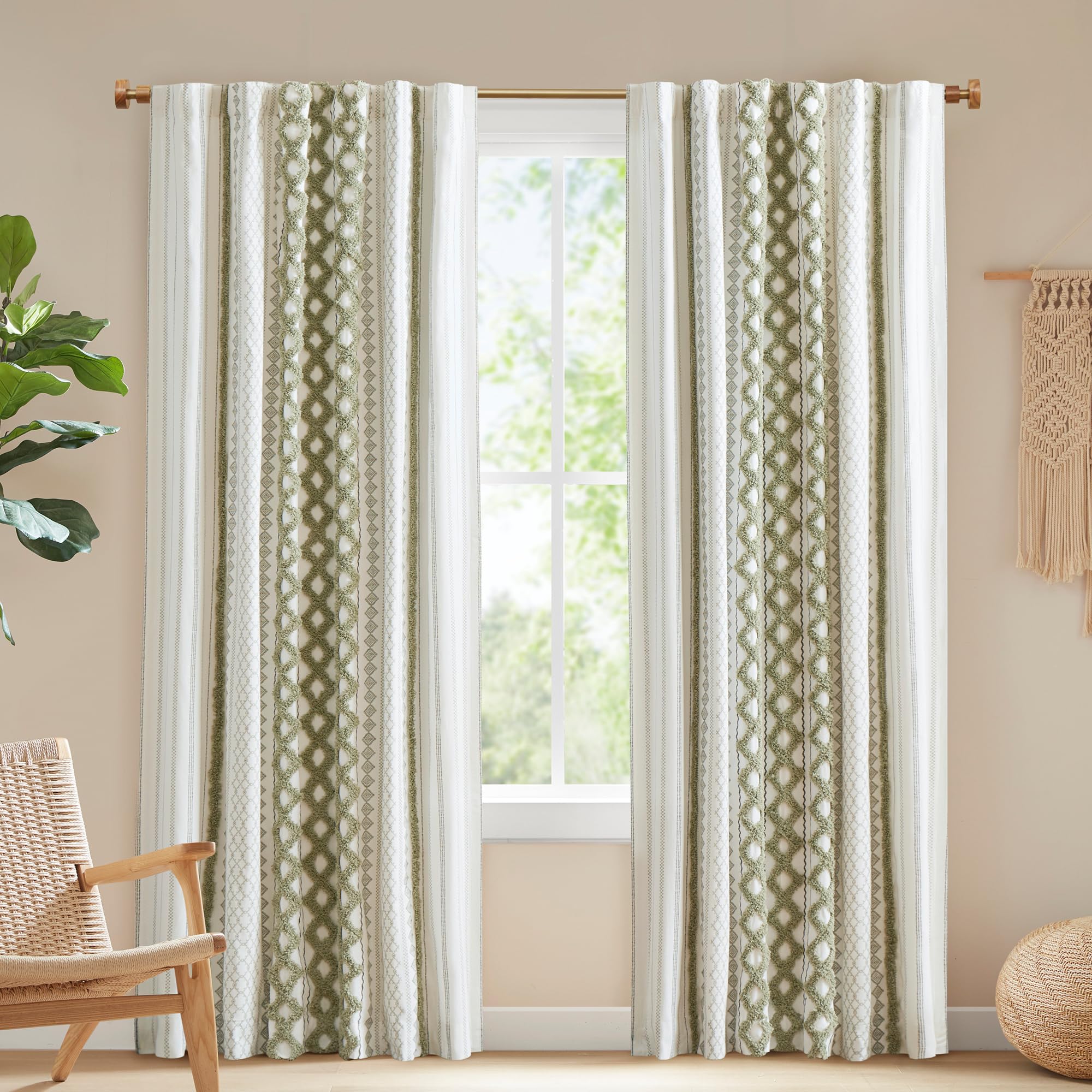 NK+Ivy Imani 100% Cotton Single Panel Curtain Tufted Chenille Stripe Geometric Print Mid-Century Look Rod Pocket Top Drape for Living Room, Privacy