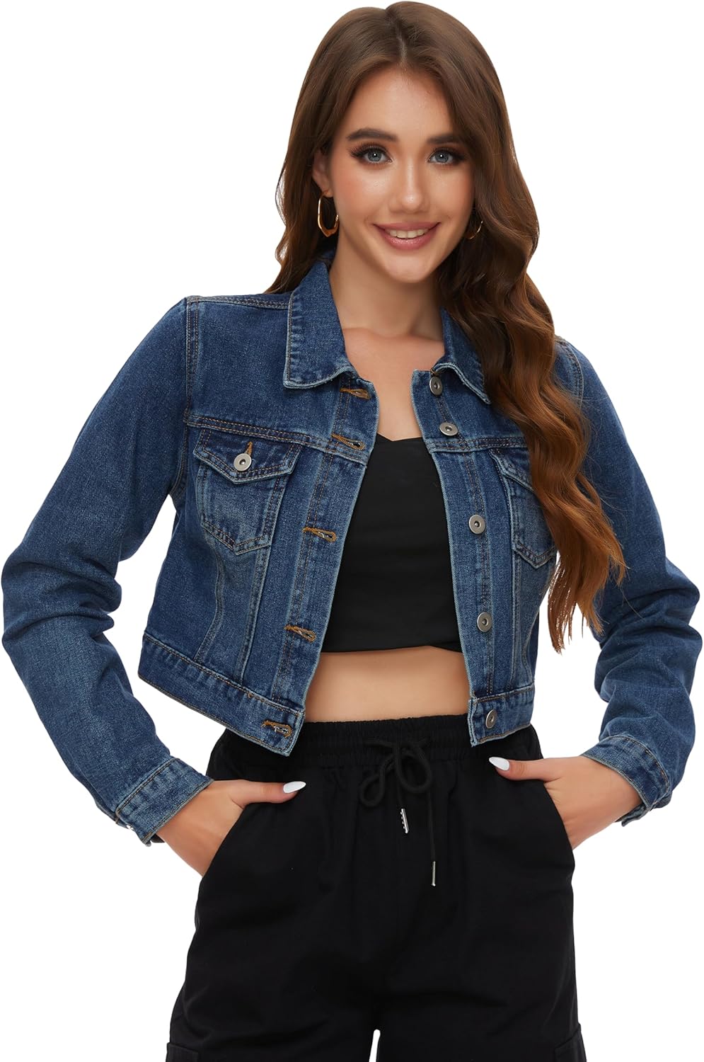 PEIQI Women’s Cropped Jean Denim Jacket Button Down Long Sleeve with Pockets - Image 2