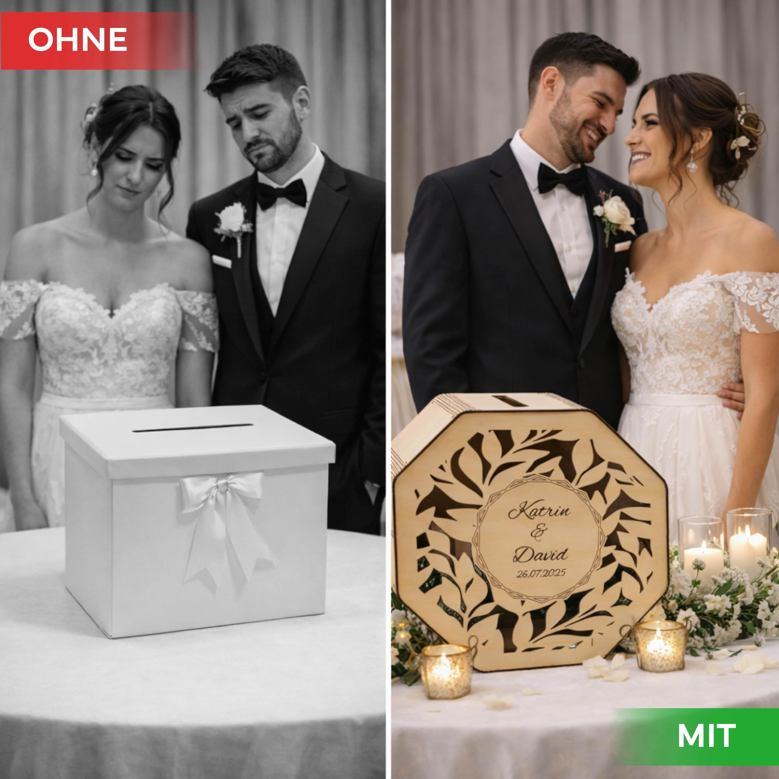 BirdartBox® Kartenbox Hochzeit personalisiert | Hochzeitsbox für Geldgeschenke hochwertig aus Holz, Schatulle mit Gravur Name und Datum