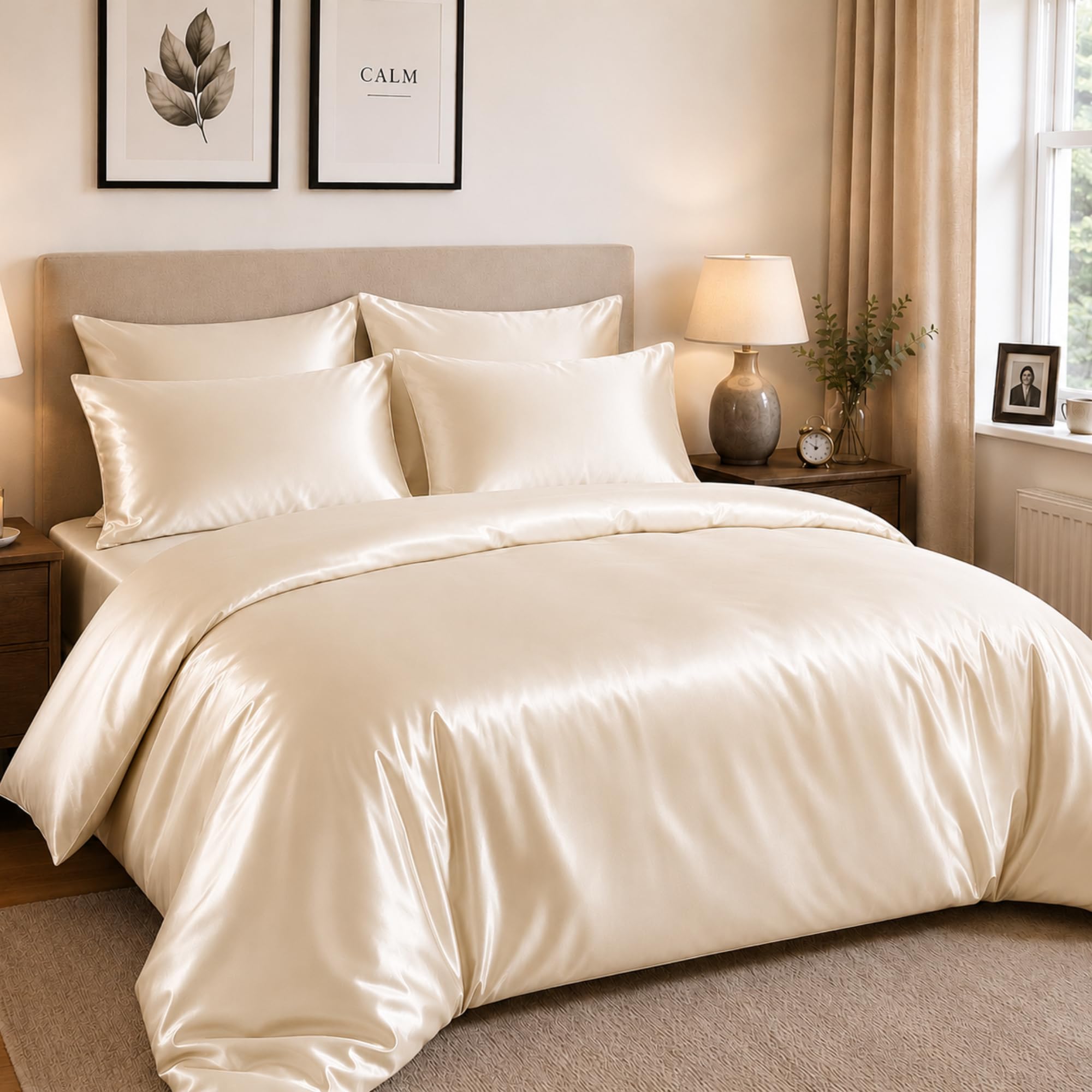 Hadi London Satin Silk 6 Piece Complete Bedding Set with Silky Deep Fitted Sheet Reversible Duvet Cover Comforter & 4 Pillowcases for Single Double King Super King Size Bed (Cream, Super King)