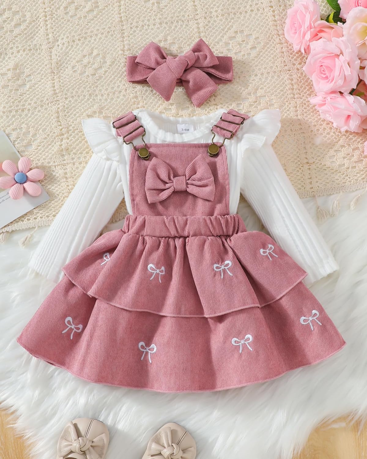 Baby Girl Fall Winter Skirt Set Newborn Overall Dress Long Sleeve Ribbed Romper Suspender Skirts 3Pcs Outfits - Image 3