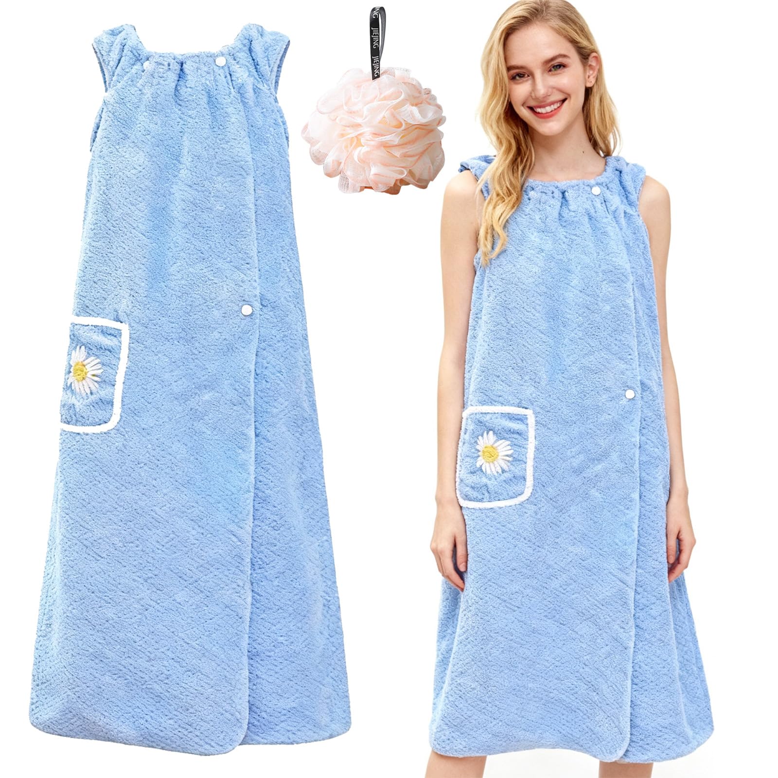 ZenyTra Women's Bathrobe with Pockets, Blue Absorbent Terry Towelling Bathrobe for Sauna, Beach & Swimming Pool, Soft Sauna Towel with Large Pockets (with 1 Shower Ball)