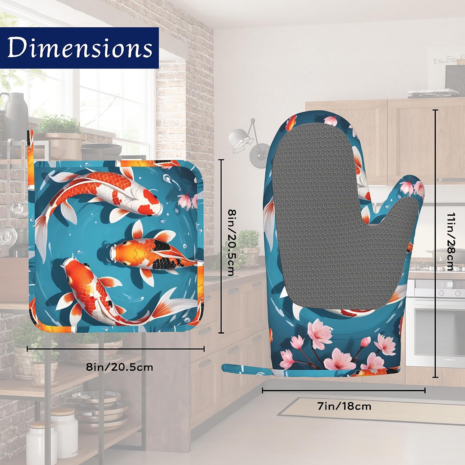Oven Mitts and Pot Holders Sets Japanese Koi Fish Silicone Kitchen Mits Potholders Goldfish Cherry Blossom Heat Resistant 4Pcs Oven Gloves Hot Pads for Baking Cooking BBQ Grilling Home Decor