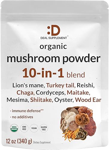 DEAL SUPPLEMENT Suplemento orgánico en polvo de hongos, 12 onzas  Mezcla activa 10 en 1  Shiitake, melena de león, Cordyceps, Chaga, con más  Apoya
