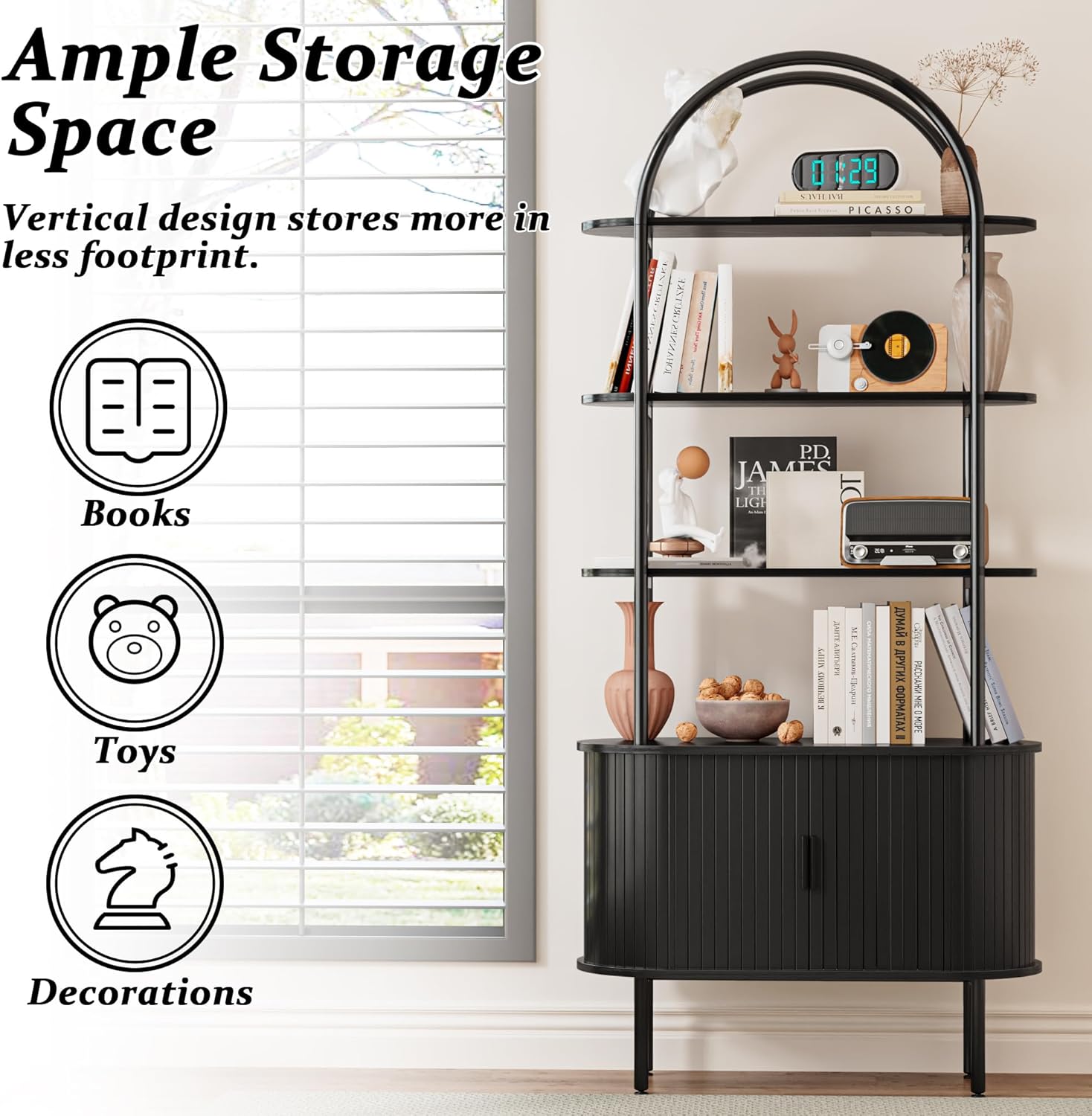 EAG 71" Tall Arched Bookshelf with Sliding Doors, Mid Century Modern Metal Curved Bookcase Cabinet with Storage, 4-Tier Open Display Storage Shelf for Living Room, Home Office, Bedroom, Black