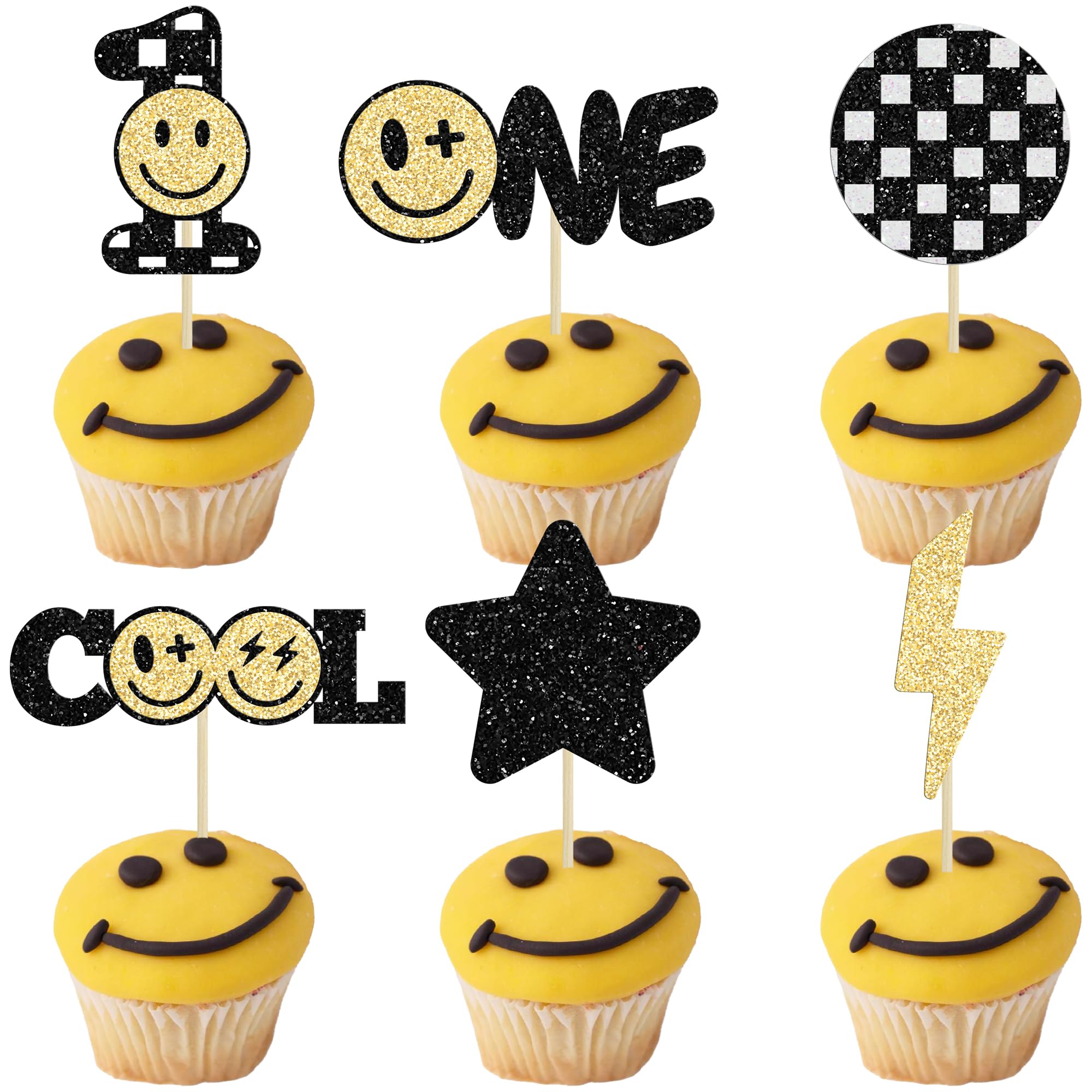 Gyufise 24Pcs One Happy Dude 1st Birthday Cupcake Toppers One Happy Dude Birthday Decorations Groovy One Cool Dude Birthday Cupcake Picks for Preppy Y2k Theme Bachelorette Birthday Party Supplies
