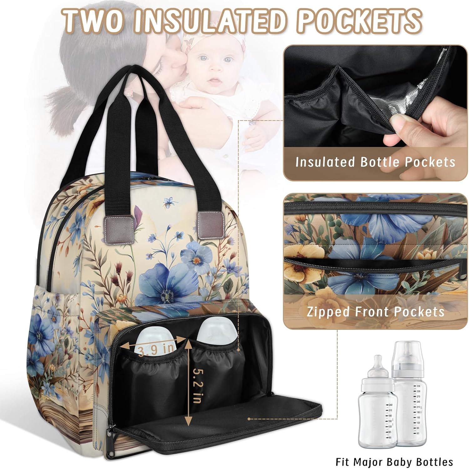 Books Floral Diaper Bag Backpack for Travel, Waterproof Diaper Bag with Insulated Bottle Pockets & USB Port, Large Capacity Baby Bag for Moms & Dads