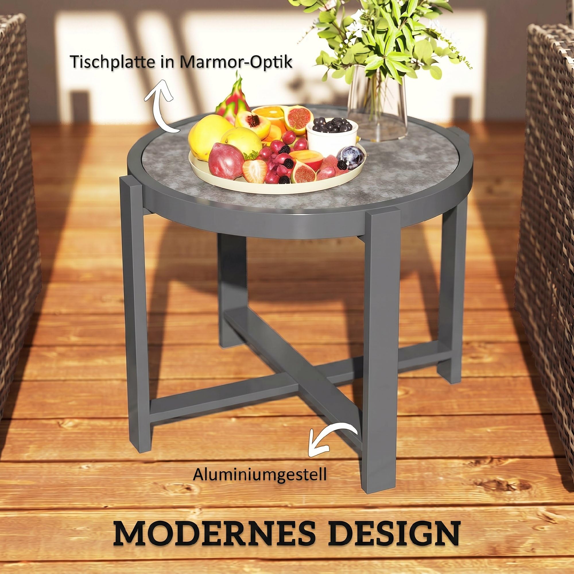 Outsunny Beistelltisch Gartentisch Rund Wetterfest mit Marmoroptik Grau | Aluminium, Balkontisch, Campingtisch, Kaffeetisch, für Wohnzimmer Büro Outdoor Indoor