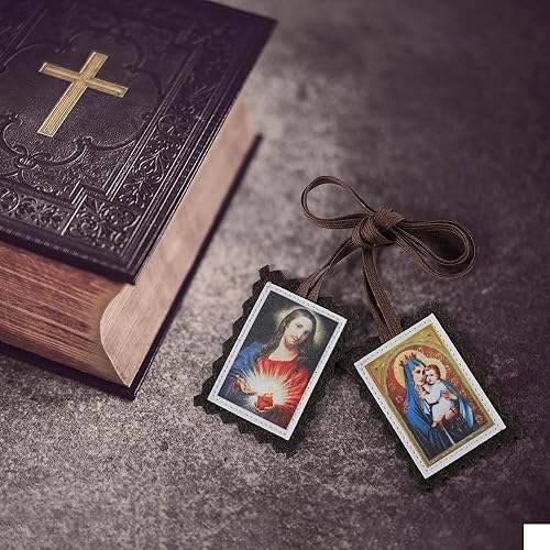 Miniatura 5 de TALPGOD Paquete de 3 Escapularios Católicos Marrones, Sagrado Corazón de Jesús con Nuestra Señora Monte Carmelo Escapulario Católico, Escapularios