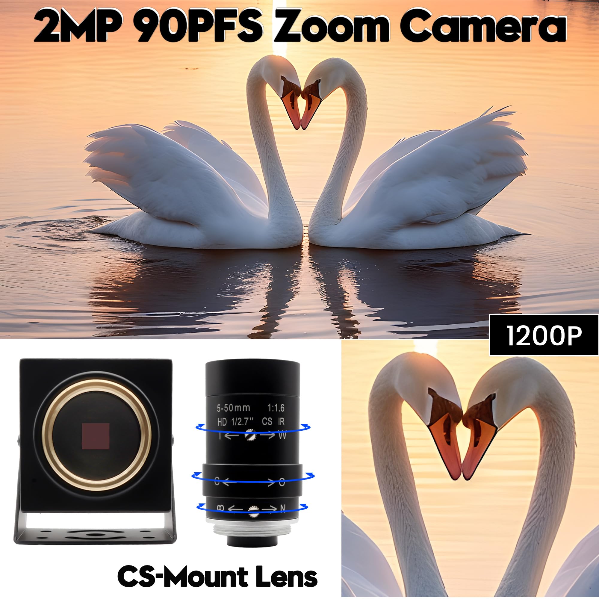 Svpro 2 MP Global Shutter USB Camera 90 FPS Telecamera ad alta velocità con zoom da 5 a 50 mm, messa a fuoco manuale Webcam per Glof Swing, 10 X zoom ottico telecamera industriale USB Plug and Play