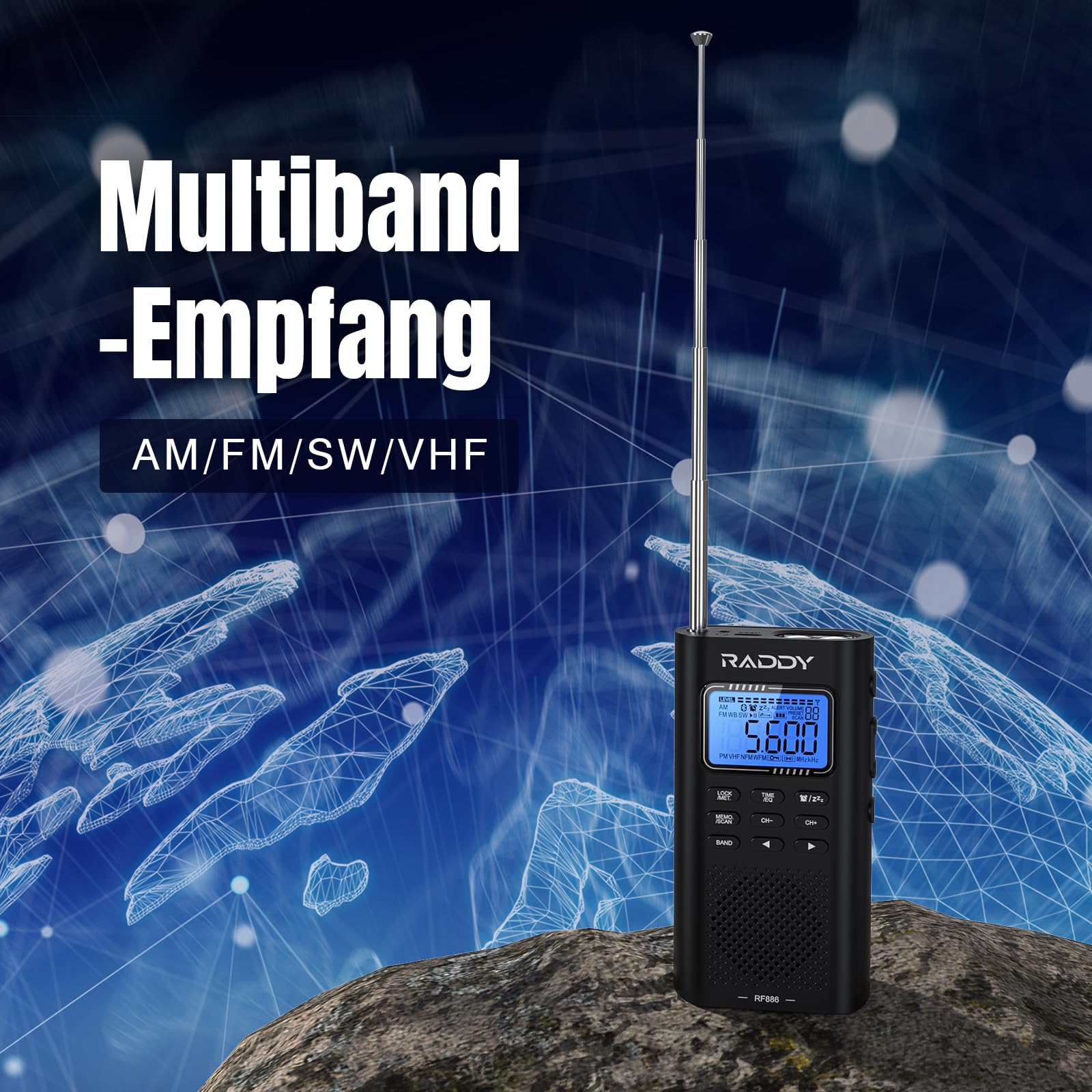 Raddy RF886 Tragbares Kurzwellenradio Kleines AM/FM/SW/UKW-Radio Digitalradio, Radio Batteriebetrieben und BT-Lautsprecher, 3 M Externe Antenne