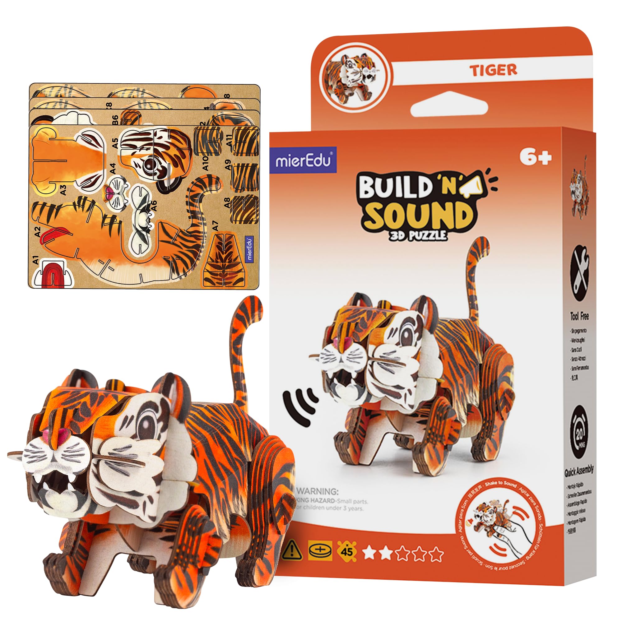 MierEdu Build and Sound 3D Puzzle Tiger Toy- Interactive 3D Animal Puzzle for Kids from 6 Plus