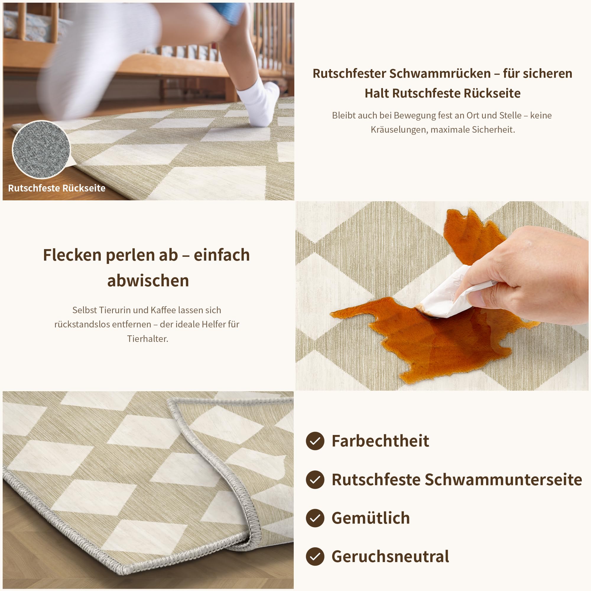 PureCozy Beżowy dywan w kratkę do sypialni, salonu, nadaje się do prania, miękki dywanik z antypoślizgowym spodem, boho, nowoczesny dywan z niskim runem do kuchni, biura, jadalni, pokoju zabaw