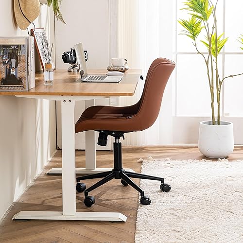 Miniatura 6 de YOUTASTE Silla de oficina marrón café, moderna silla de escritorio sin brazos con ruedas, ajustable, giratoria, mecedora, sillas de estudio para