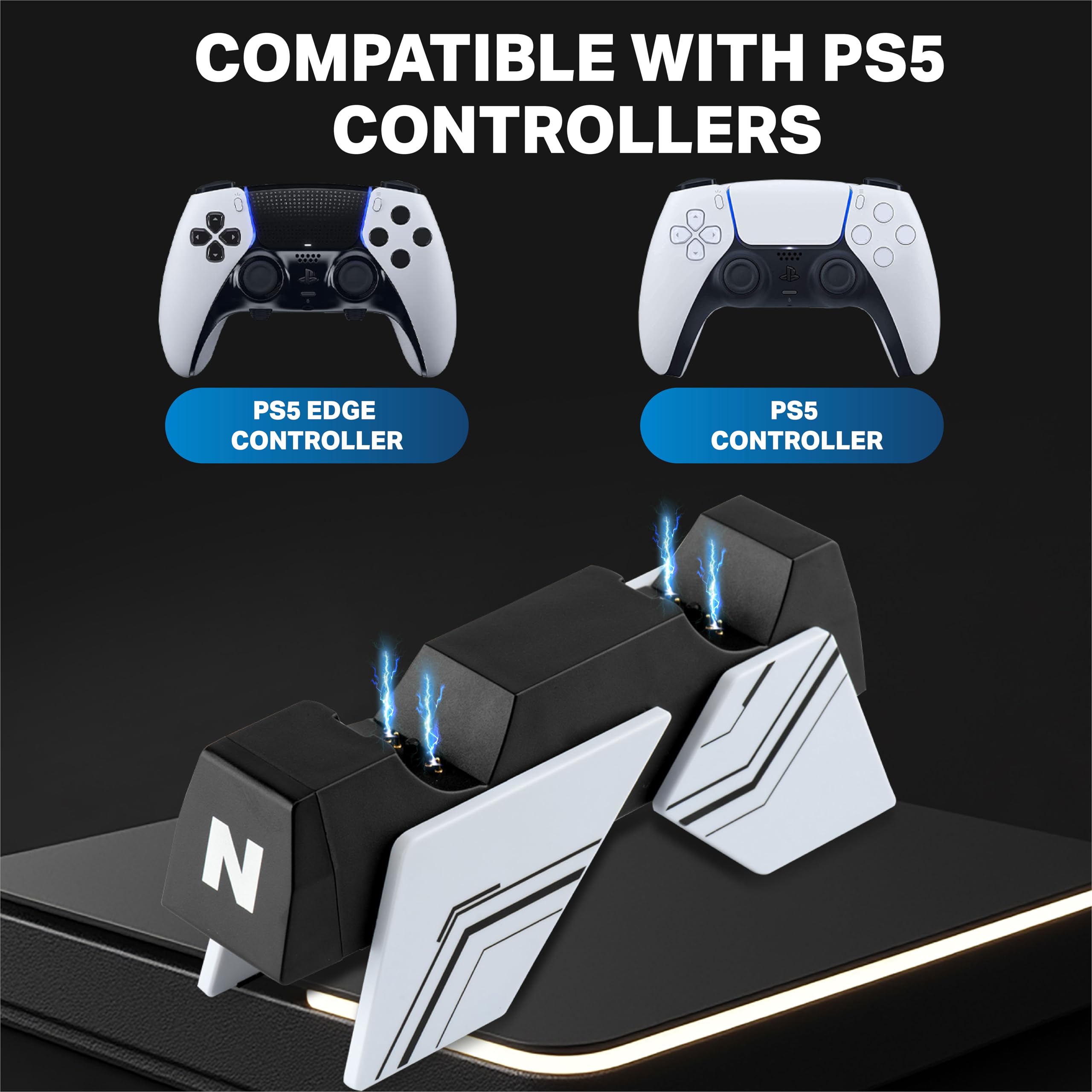 NiTHO Estación de Carga Compatible con Mandos PS5/ Edge, Estación de Recarga Doble USB con Diseño de Carga Vertical Click-In y Protección contra Sobrecargas, Blanco