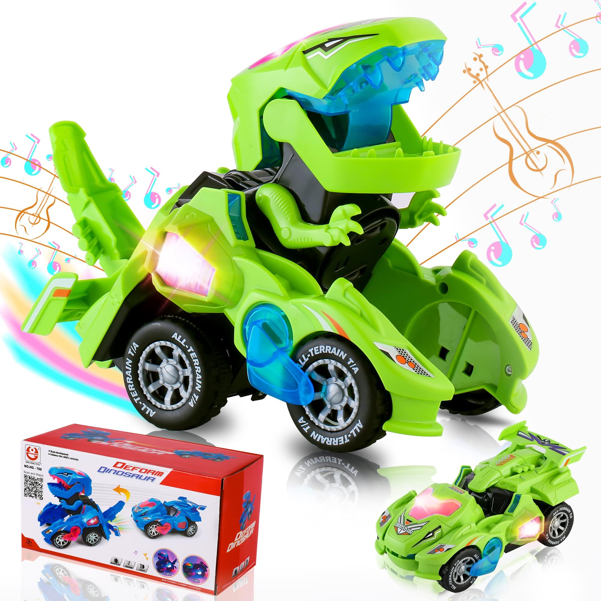 Hirger Transforming Dinosaur Car Toy for Kids, Auto Transformer Monster Truck Toys with Light & Sound for Toddler 1 2 3 4 5 Year Old, Birthday Gifts for Boy