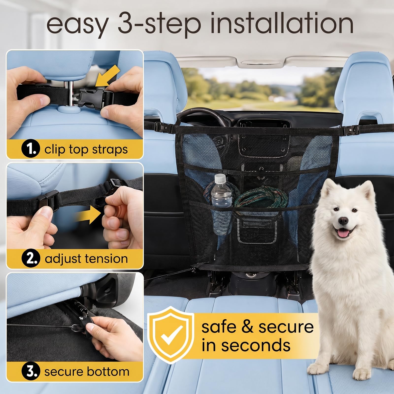 Griglia per Cani per Auto con Tasche portaoggetti 69x57cm, Rete divisoria Universale in Nylon, barriera di Sicurezza per Sedile Posteriore e Anteriore