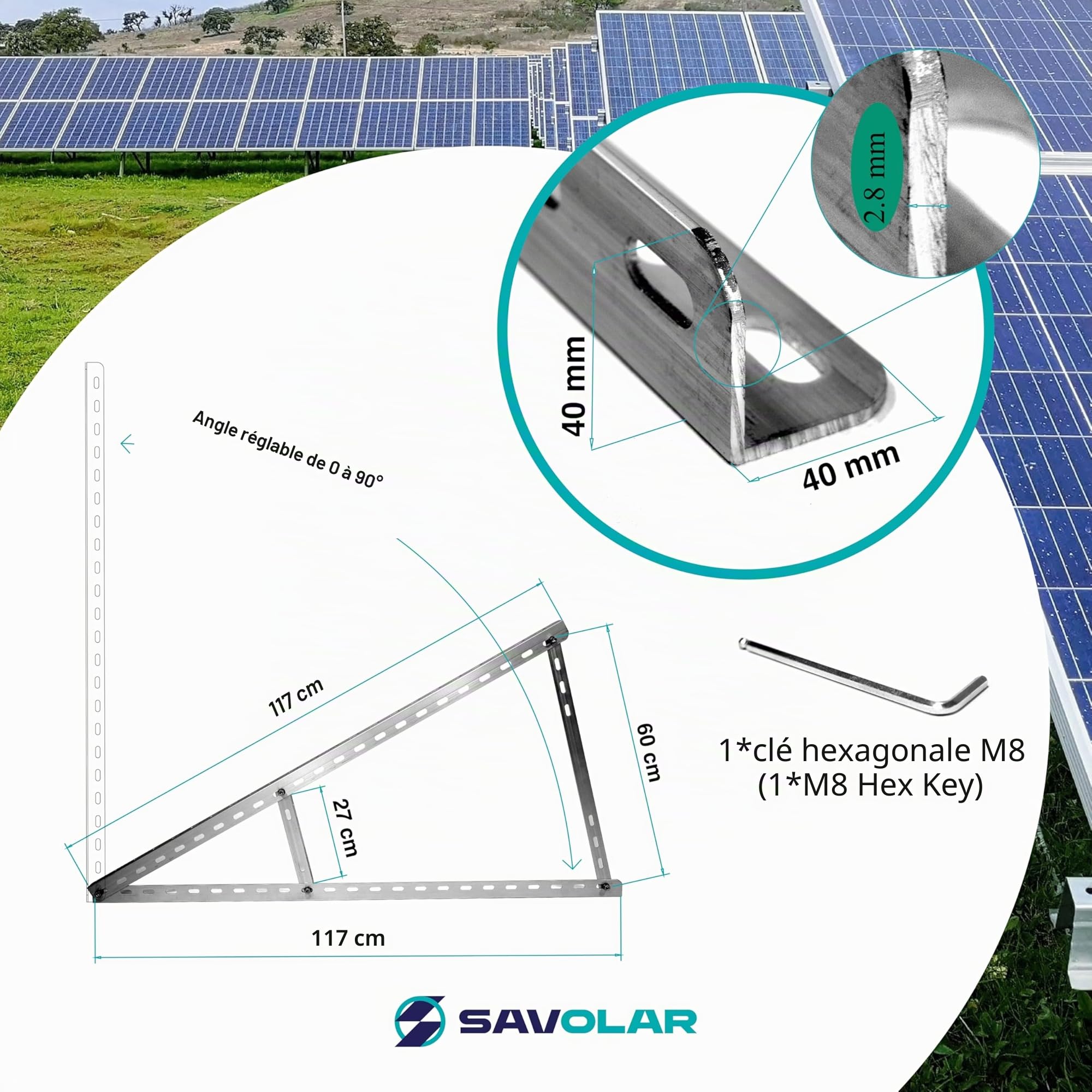 Lot de 2 supports solaires en aluminium et acier inoxydable, montage mural, pour centrale électrique de balcon jusqu'à 117 cm, angle réglable de 0 à 90°