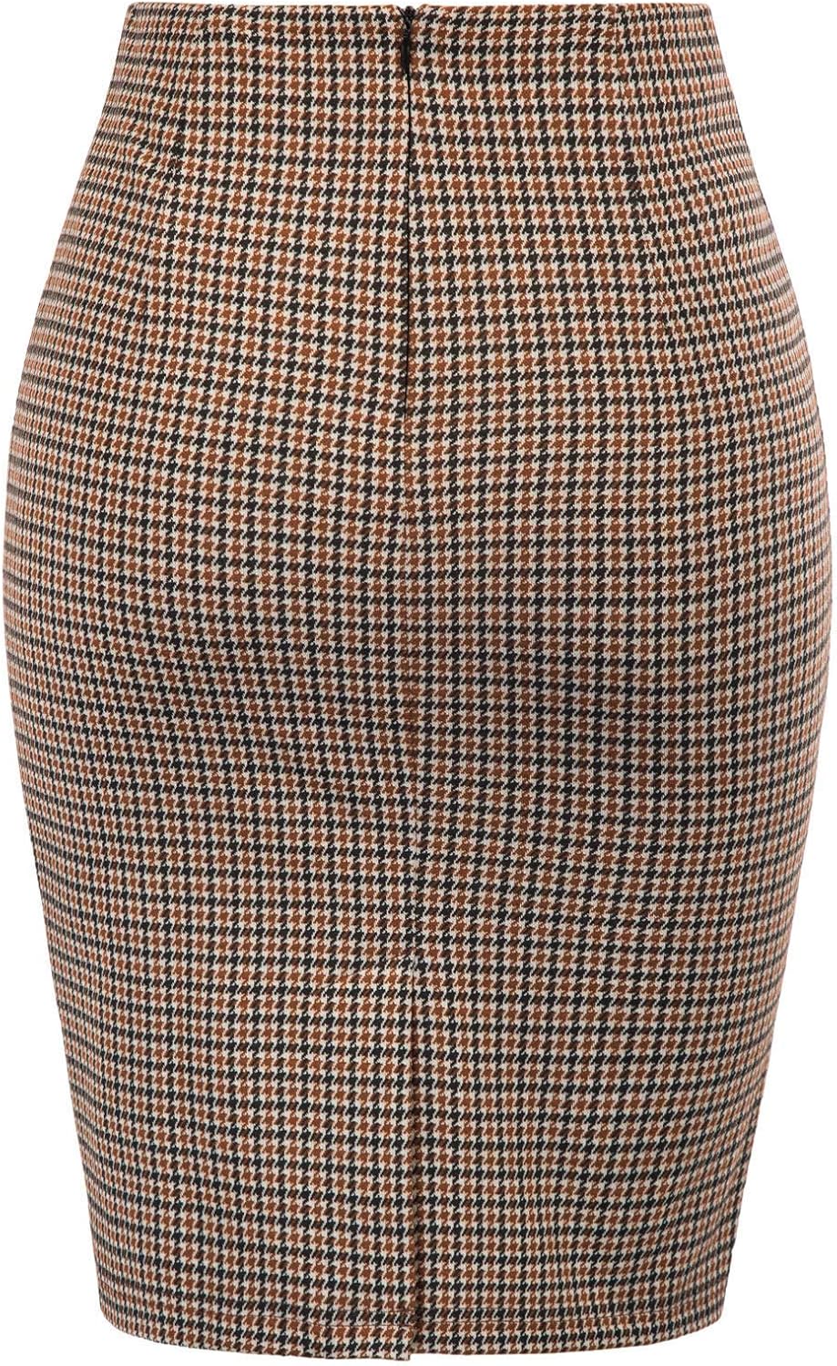 Kate Kasin Womens Knee Length Elastic Waist Stretchy Bodycon Plaid Business Pencil Skirt - Image 3
