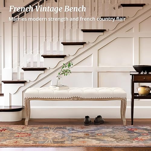 Miniatura 15 de Banco de dormitorio, banco de entrada estilo vintage francés copetudo, banco tapizado en el extremo de la cama con patas de madera envejecida, Linen