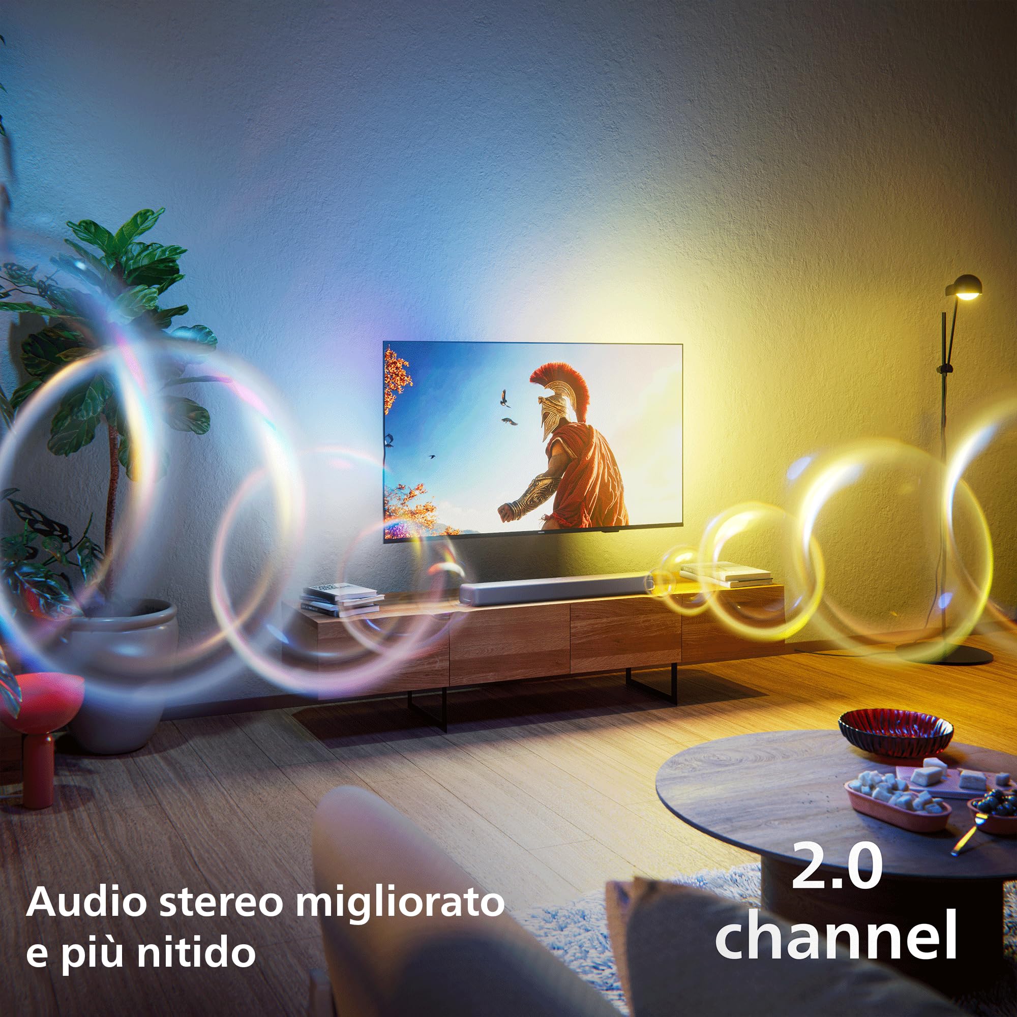 PHILIPS TAB5201 2.0 Soundbar con uscita max 160W, Dolby Digital Plus, DTS Virtual:X, Audio Intellisound AI, Bluetooth LE 5.4, HDMI ARC, Ingresso ottico e USB – Gun Metal