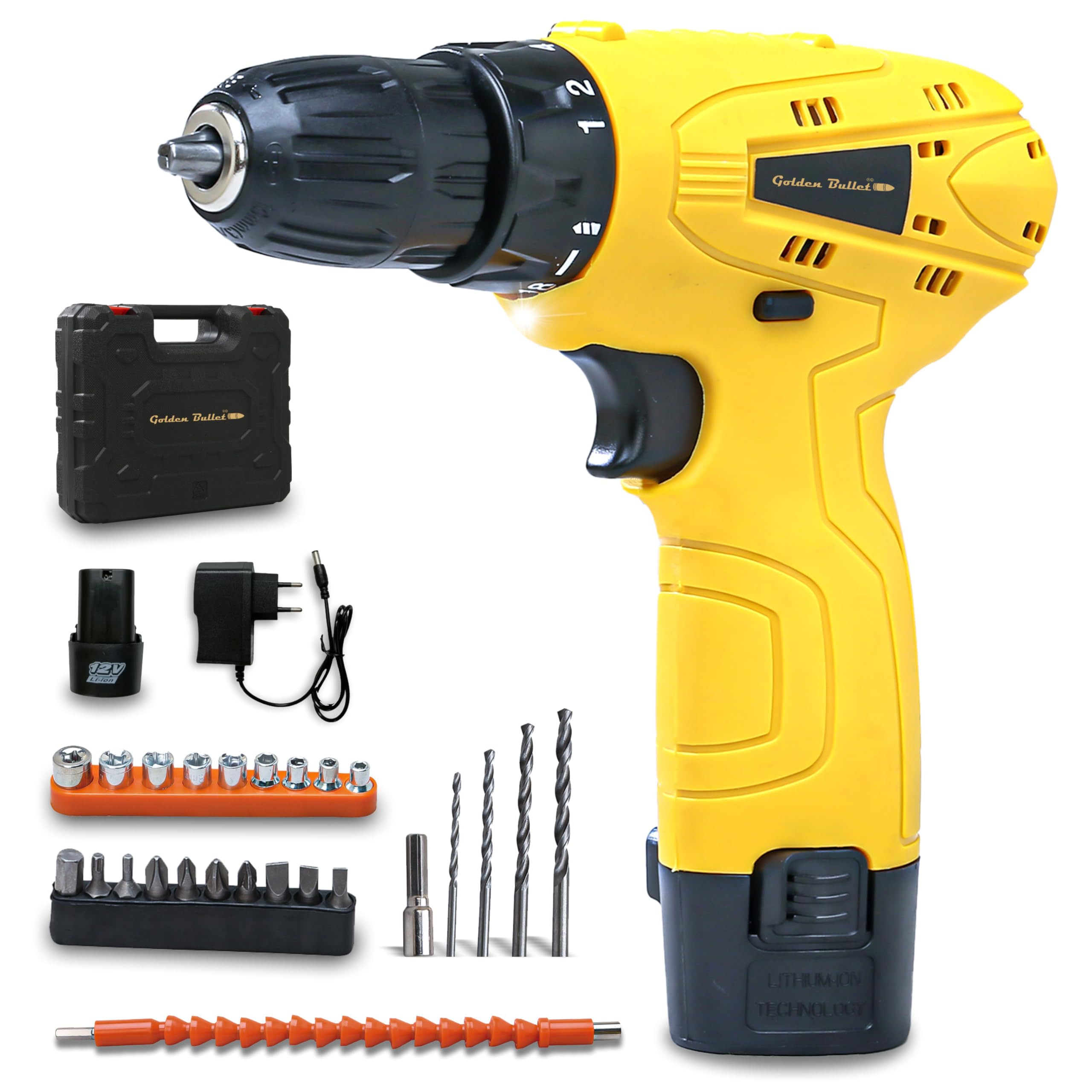GOLDEN BULLET® GBS-1055 Cordless Screwdriver & Drill Set, 25pcs - Compact and Powerful 600 RPM - Reversible switch Adjustable Torque 10mm Chuck 2x1.5Ah Battery-image-21