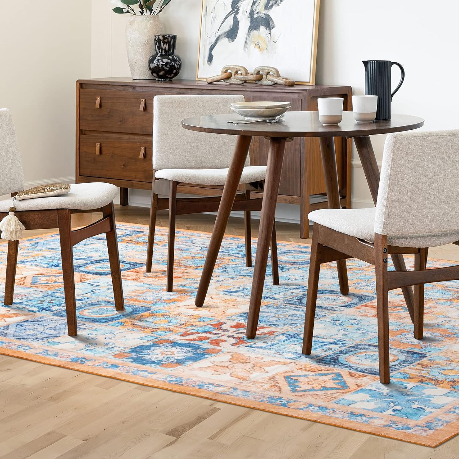 Ashler Area Rugs 3x5 Feet Boho Vintage Rug for Entryway, Machine Washable Carpet Runners with Non-Slip Backing, Indoor Area Runner Rugs, Entry Rug for Living Room, Light Orange/Blue
