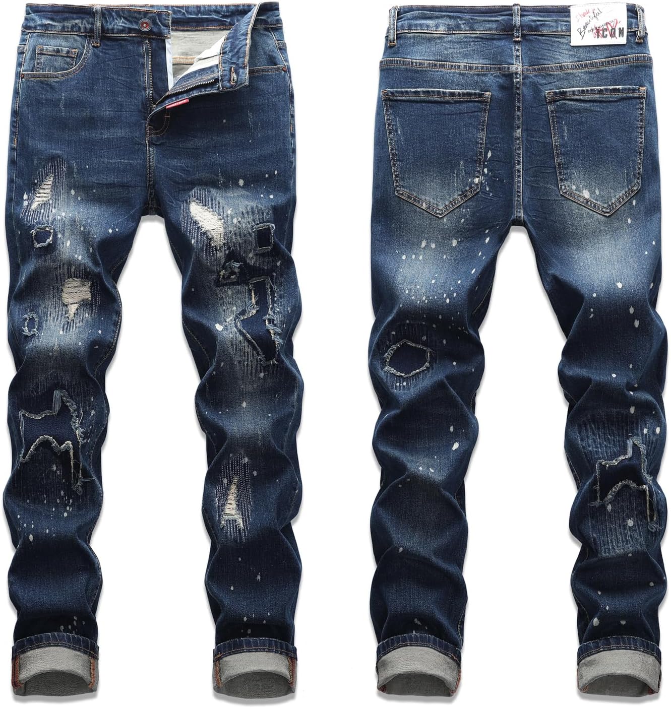 Men's Slim Fit Stretch Printed Jeans Patchwork Skinny Straight Denim Pants - Image 3