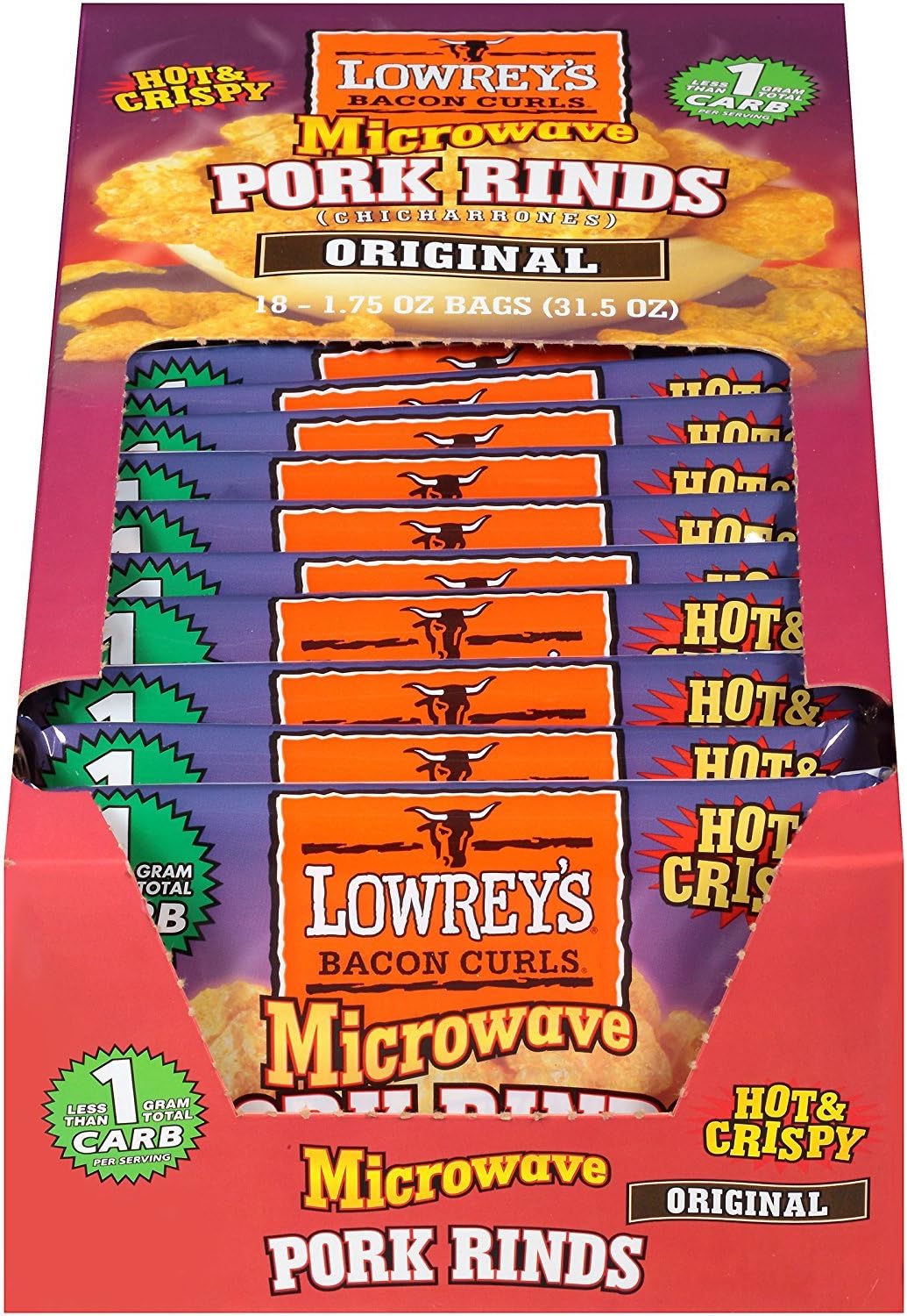 Lowrey's Bacon Curls Microwave Pork Rinds (Chicharrones), Original, 1.75 Ounce (Pack of 18)