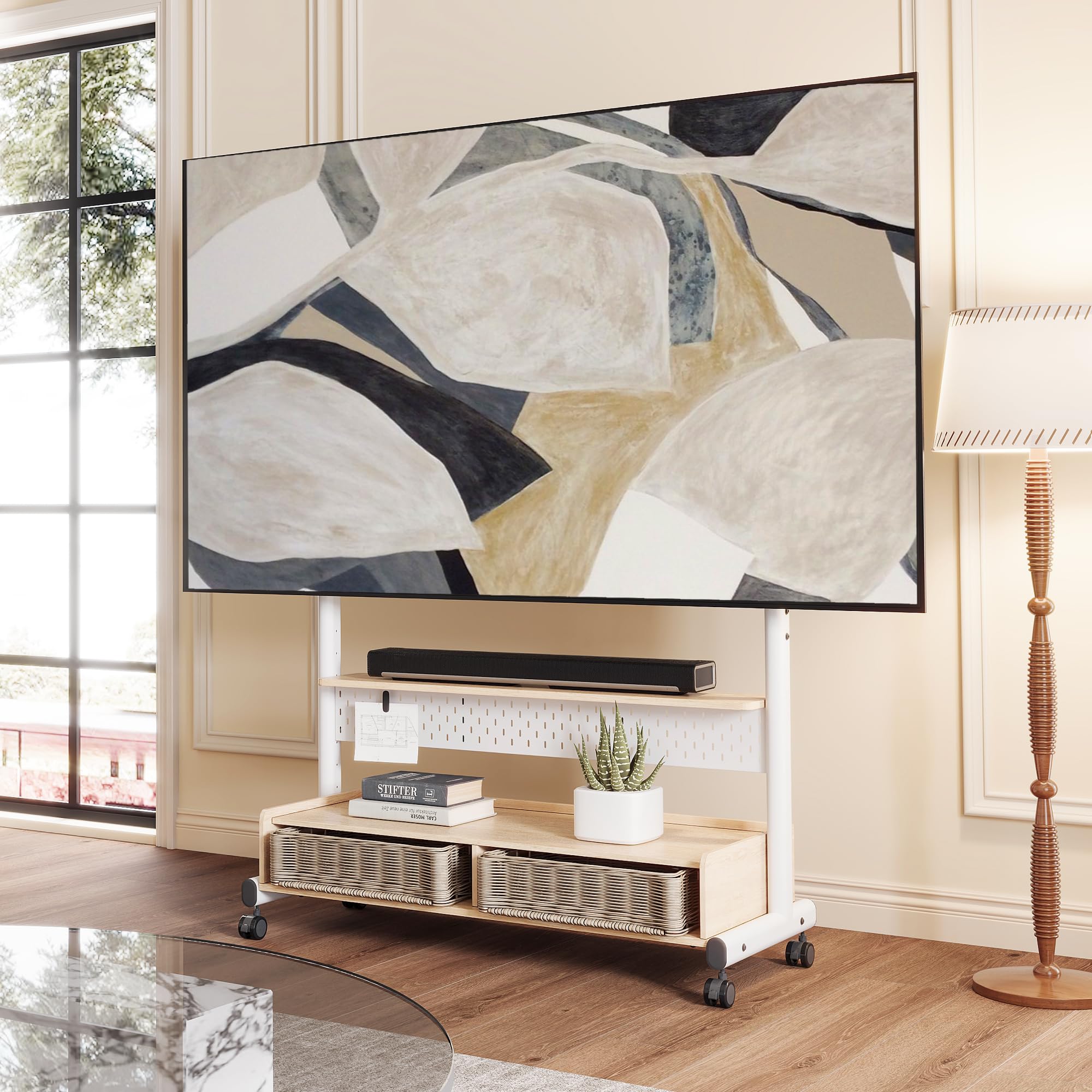 FITUEYES Mueble TV Móvil para 70 a 100 Pulgadas, Soporte TV Pie con Ruedas de Estructura de 2 Tubos, Soporte Monitor Carrito con Mueble Madera y Función de Altura Ajustable