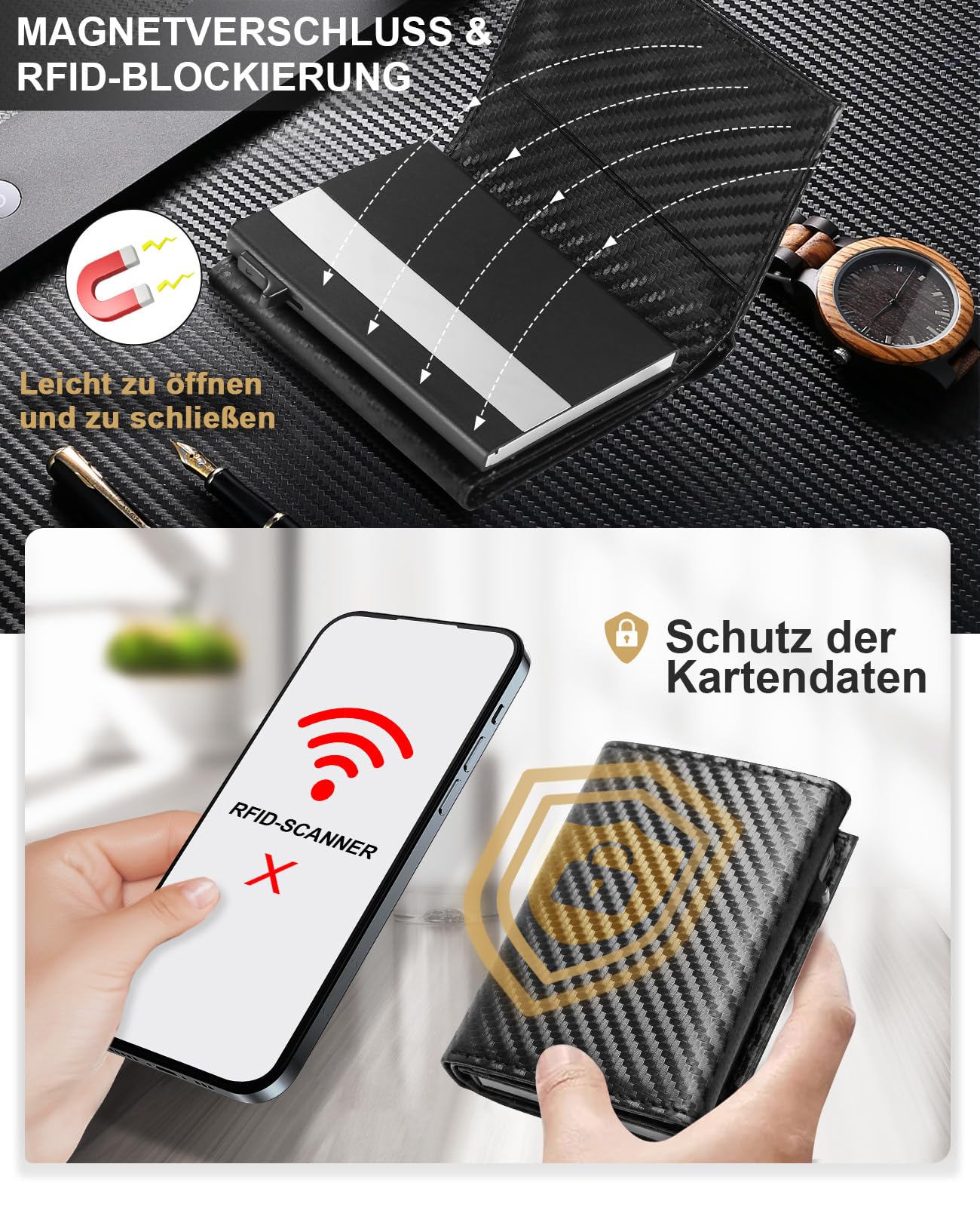UNOSEKS Portafoglio da uomo – Portafoglio da uomo con protezione RFID, sottile portafoglio con scomparto per monete, Smart Wallet, fibra di carbonio., Portafoglio RFID