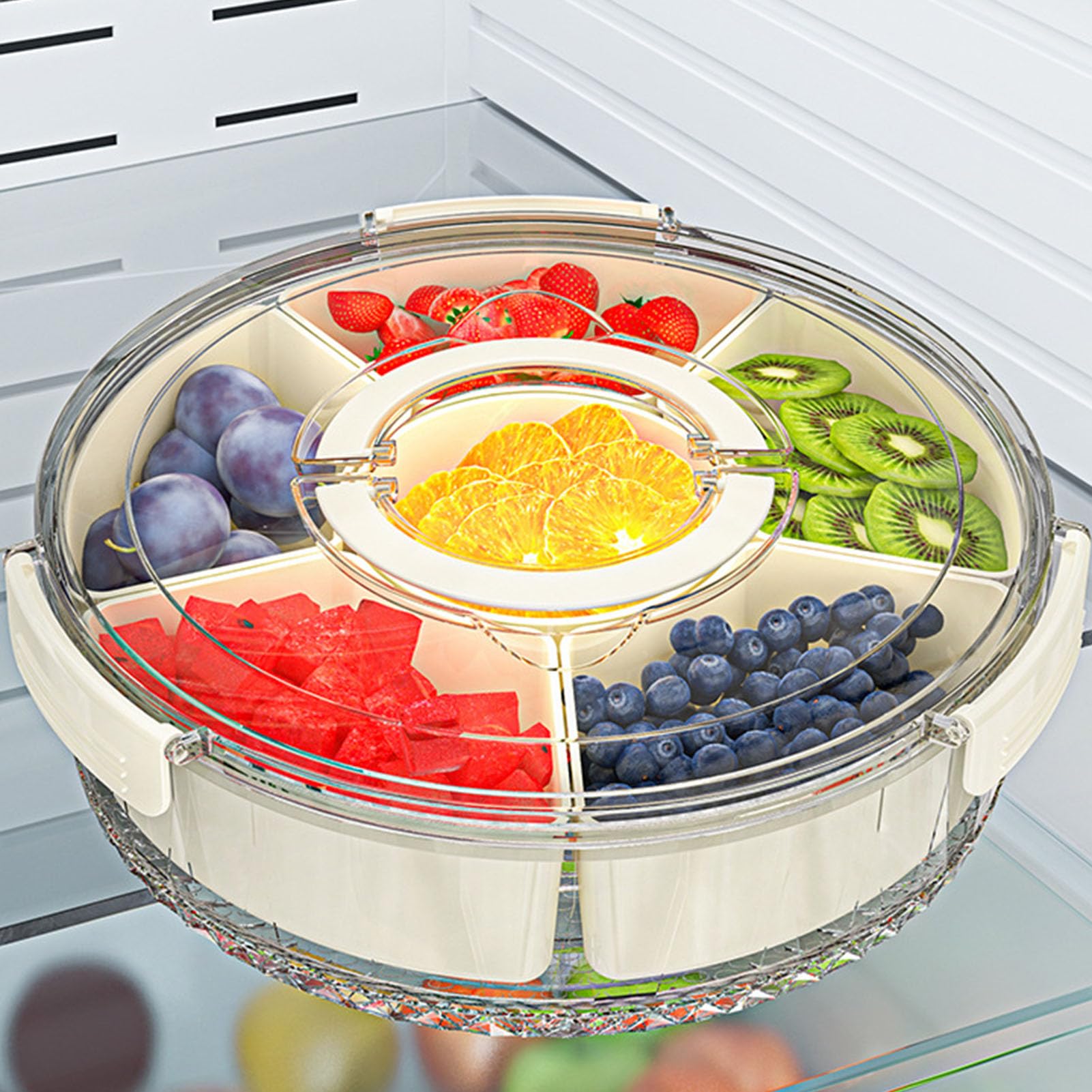 Bandeja para servir giratoria dividida con tapa y asa, caja de aperitivos giratoria de 360 ​​grados con 6 compartimentos para frutas y aperitivos