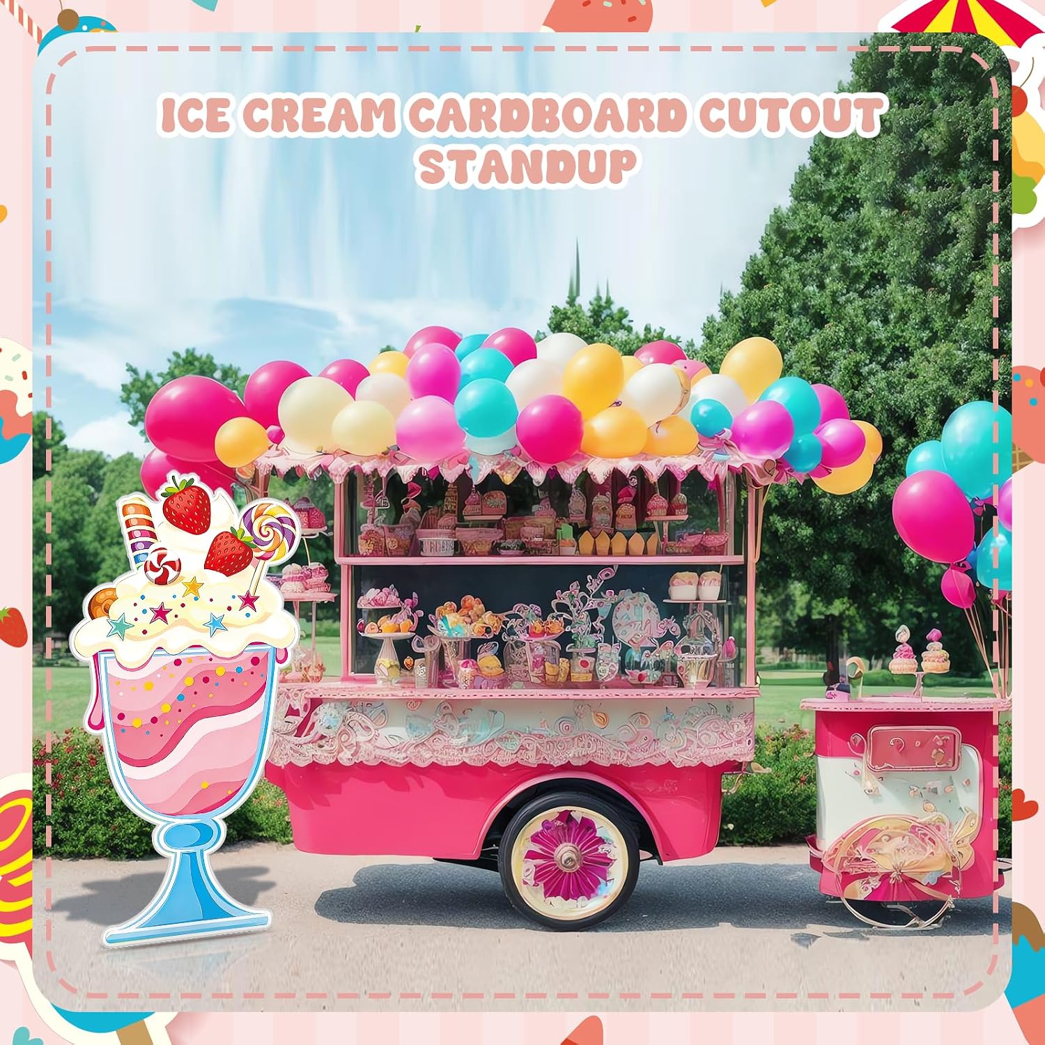 5.25 FT Large Ice Cream Cardboard Cutout Decoration Ice-Cream Sundae Cardboard Cutout Stand Up Life Size Milkshake Candy Land Party Photo Props Backdrop Summer Birthday Party Baby Shower Wedding Decor