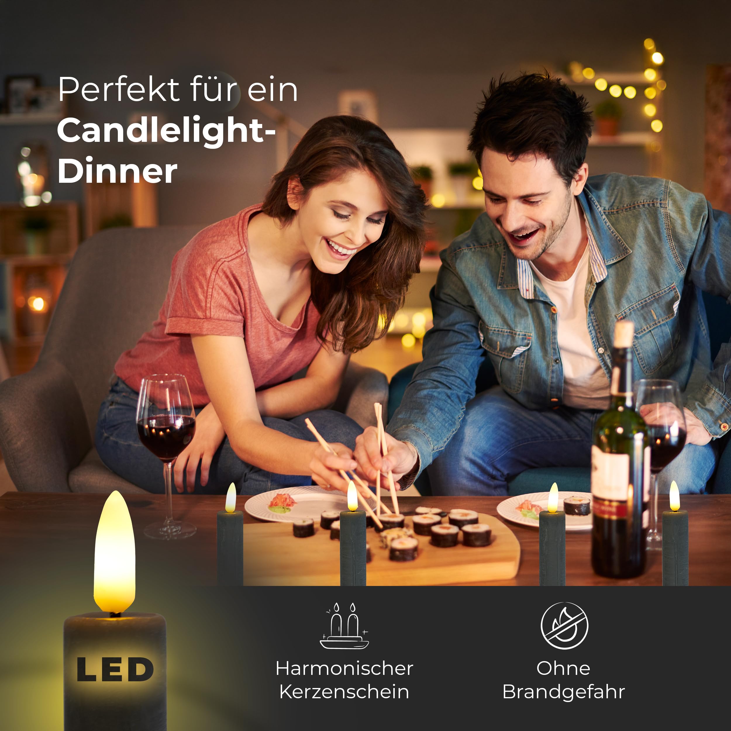 Lot de 12 bougies LED avec minuterie - Gris - Pour l'intérieur - 6 heures - En cire véritable - Hauteur : 15 cm - Diamètre : 2,2 cm - 2 piles AAA nécessaires - Lot de 4 bougies LED (trois fois) -