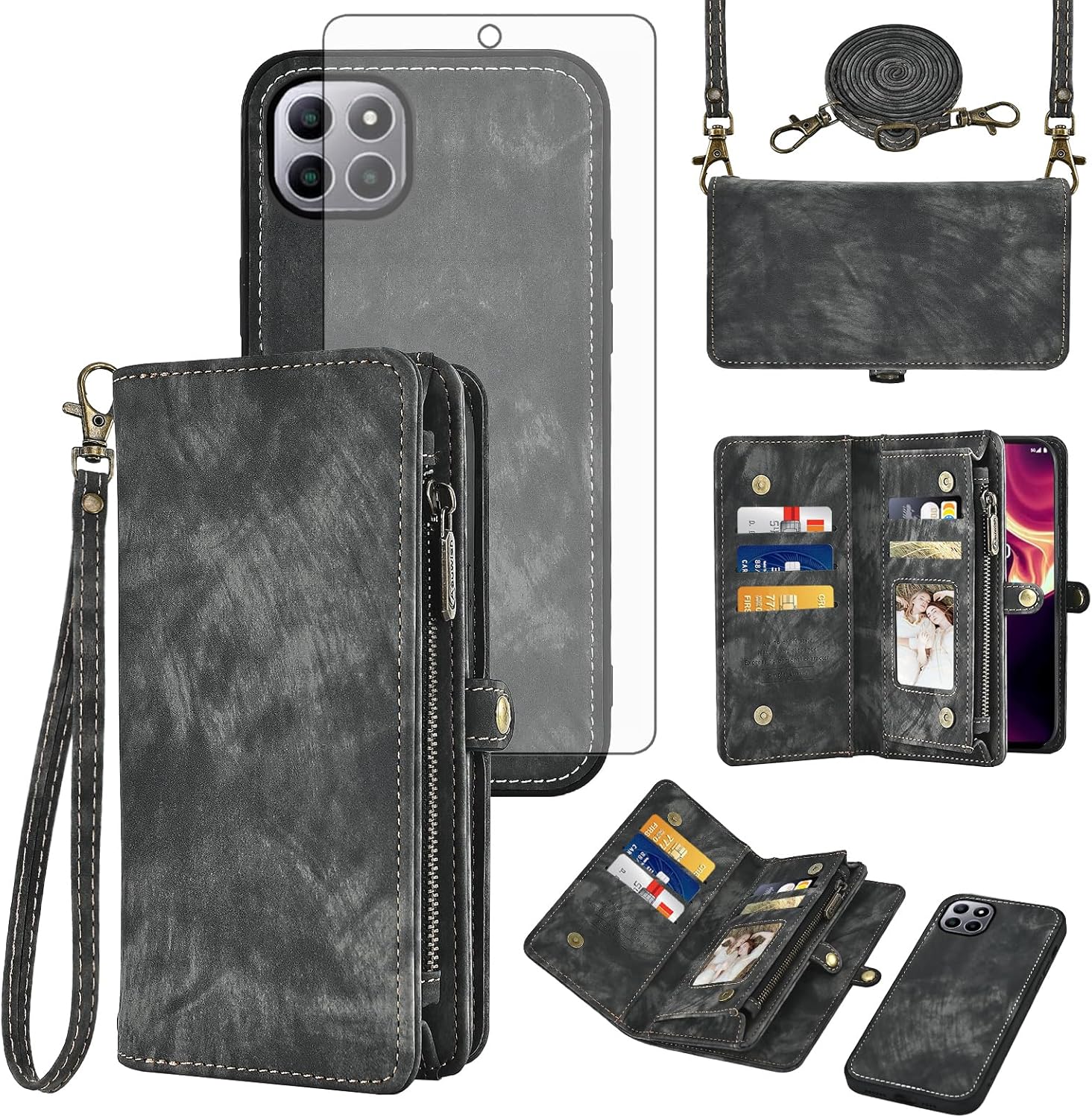 Asuwish Phone Case for Boost Mobile Celero 5G Plus 7 inch 2023 Zipper Wallet Magnetic Detachable Cell Cover with Tempered Glass Screen Protector Crossbody Strap Flip Card Holder 5G+ Women Girls Black