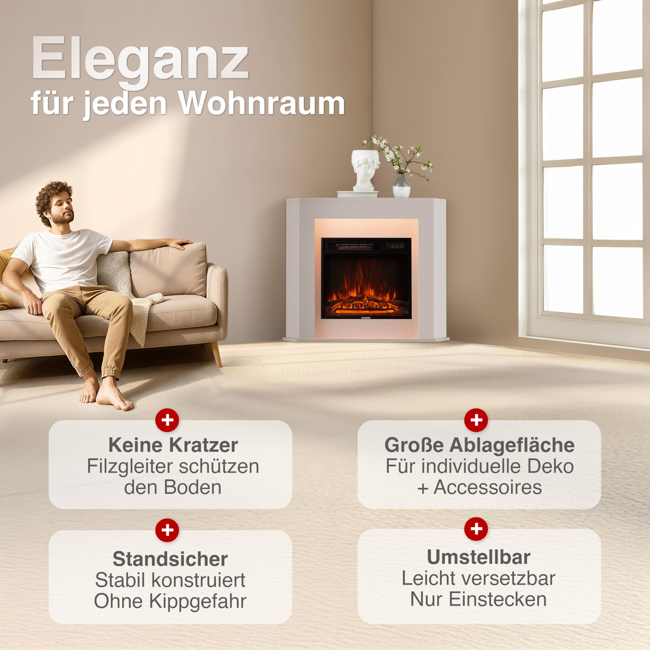 KAMINIO® Matti ECKKAMIN Weiß Elektrokamin mit Heizung [Standkamin Ecke] | elektrischer Kamin, freistehend mit Kaminsims, 3D-Kaminfeuer in 5 Stufen, LED-Ambientelicht, Timer, Thermostat, Fernbedienung