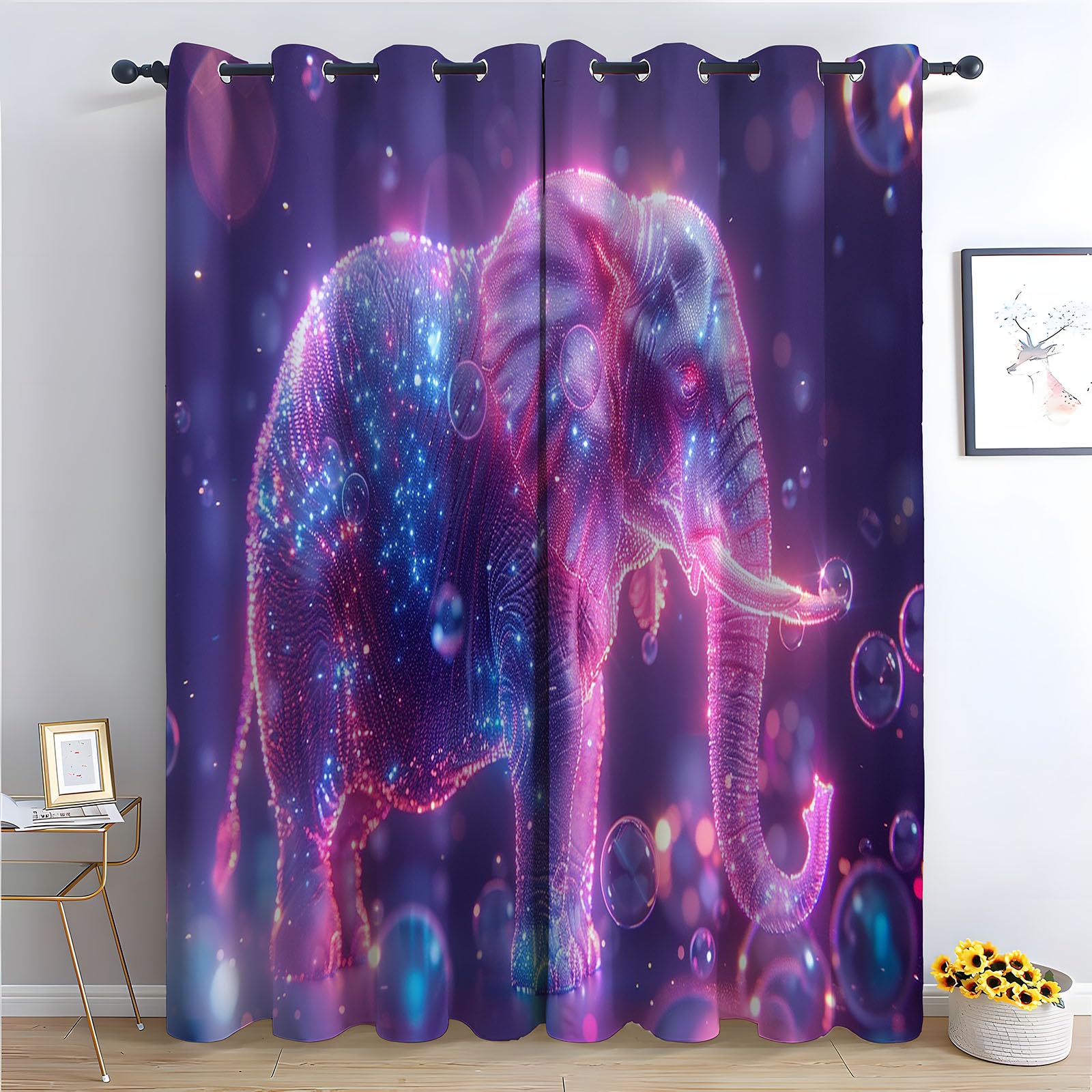 TERUEA 80% Blackout Curtains for Bedroom Elephant colorful bubble dark fantasy Curtains Landscape Scenery, 3D Pattern For Stall,-42" W x 63" L (Pack of 2)