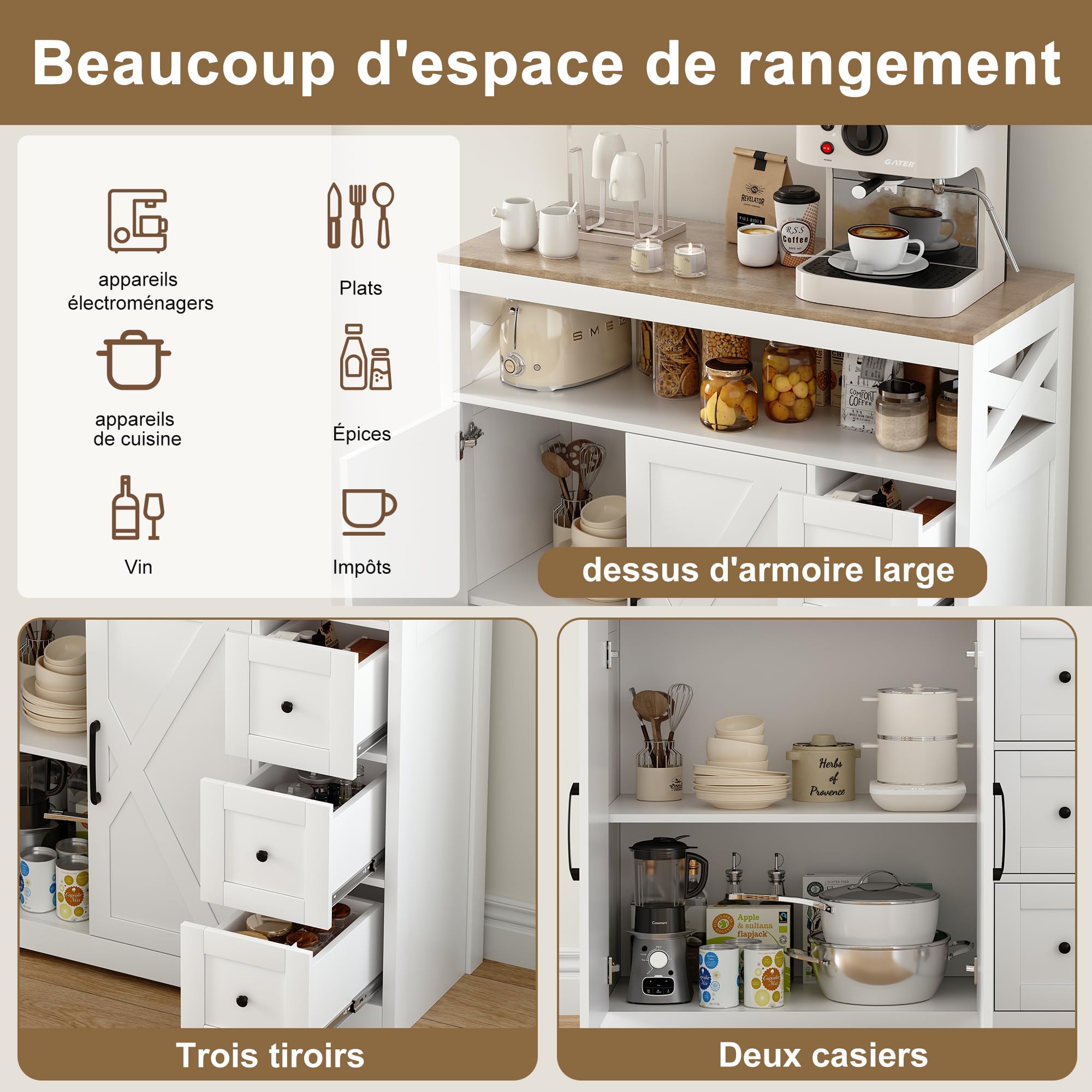 Aparador de cocina, mueble de almacenamiento con 4 puertas y estante ajustable, aparador moderno para comedor, armario de cocina para salón y comedor (100 x 40 x 105 cm)