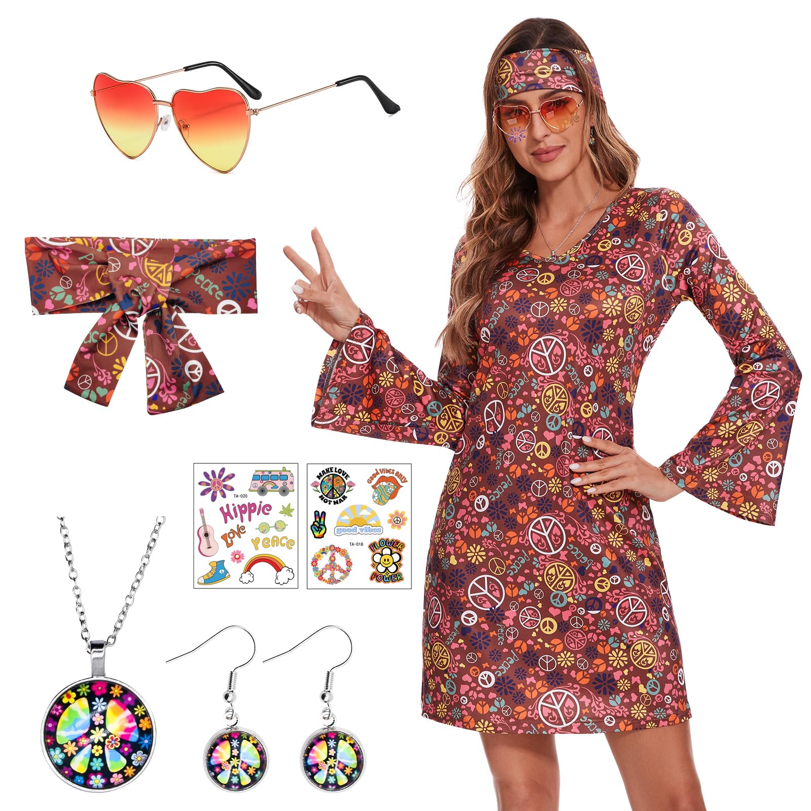 ATAMET 70's Women Costumes Hippie Dress, 1970s Outfits Accessories Set, 60s 70s Disco Prom Dress, Carnival Halloween Costumes