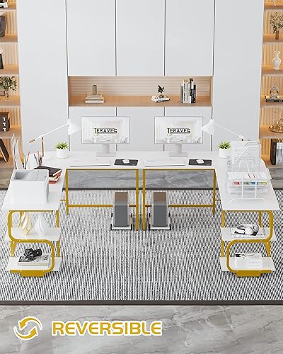 Miniatura 2 de Teraves - Escritorio reversible en forma de L con estantes de esquina redonda para computadora, mesa de juegos, estación de trabajo para el hogar y