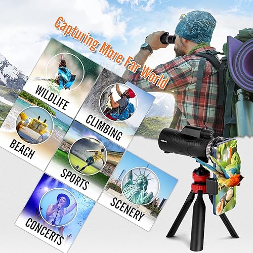 Miniatura 7 de RIWELF Telescopio monocular de 12 x 55, monocular para adultos de alta potencia con lente BAK4 Prism FMC con adaptador para teléfono inteligente y