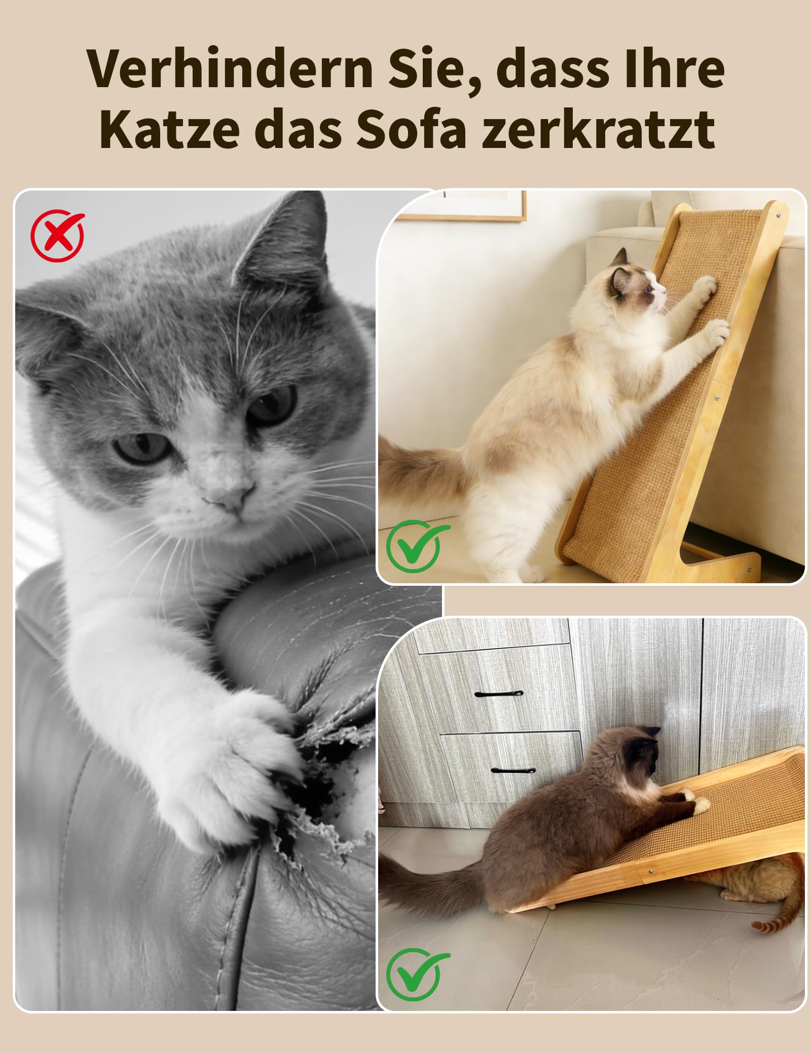 Kratzbrett Katzen, Large 69cm H, Sisal Kratzbrett Katze, Massives Holz & Natürliches Sisal Katzen kratzmatte, Katzen kratzmöbel für Wohnzimmer/Schlafenzimmer, Schützt Möbel vor Katzenkratzen