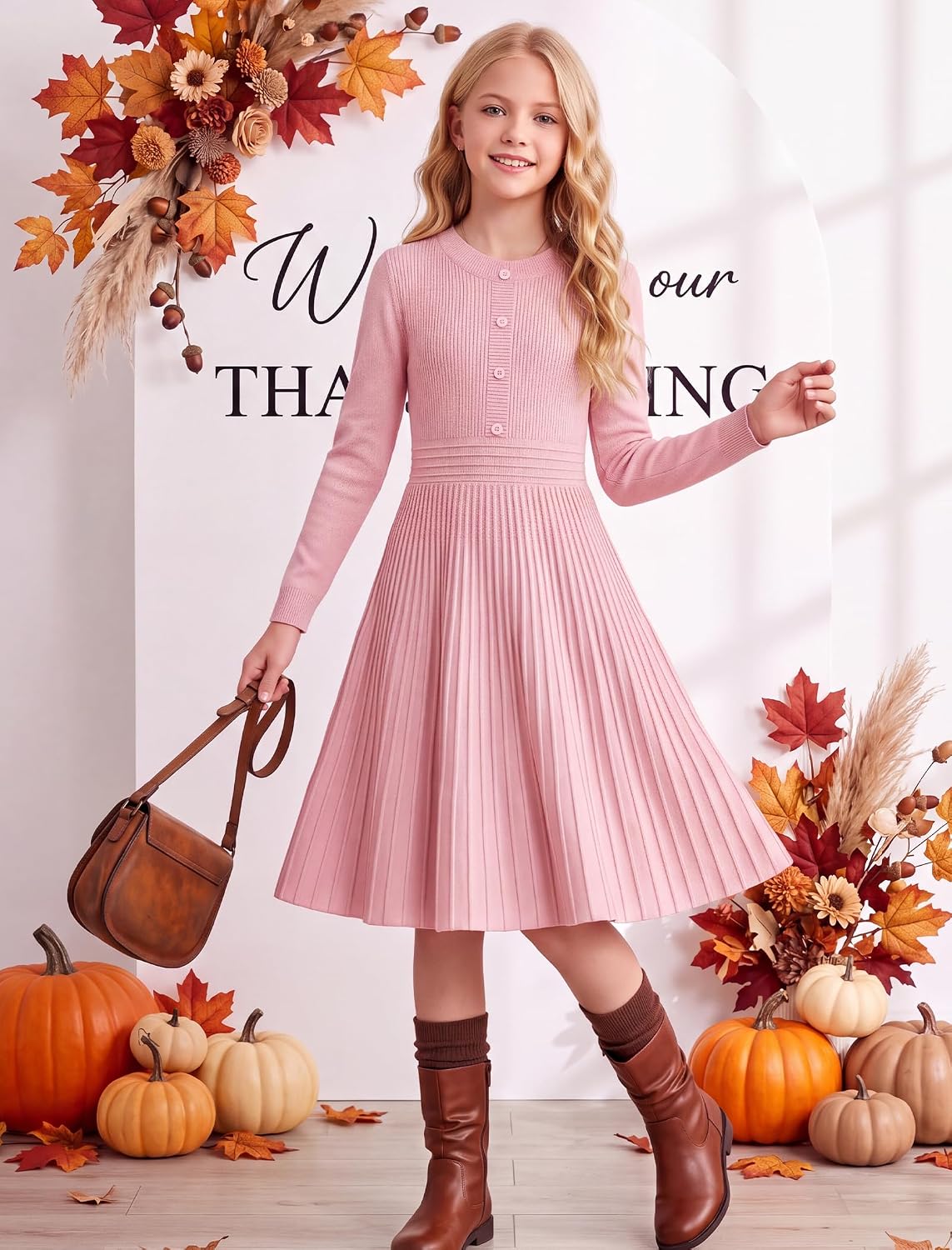 HOZIY Girls Sweater Fall Dress Long Sleeve Winter Ribbed Knit A-Line 6-14Y image 3
